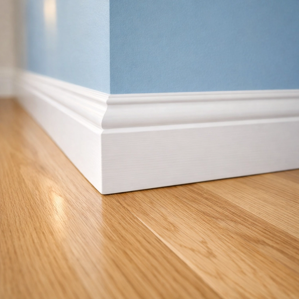 Eco-friendly deep clean of white baseboards and polished hardwood floors in a high-end Massachusetts home.