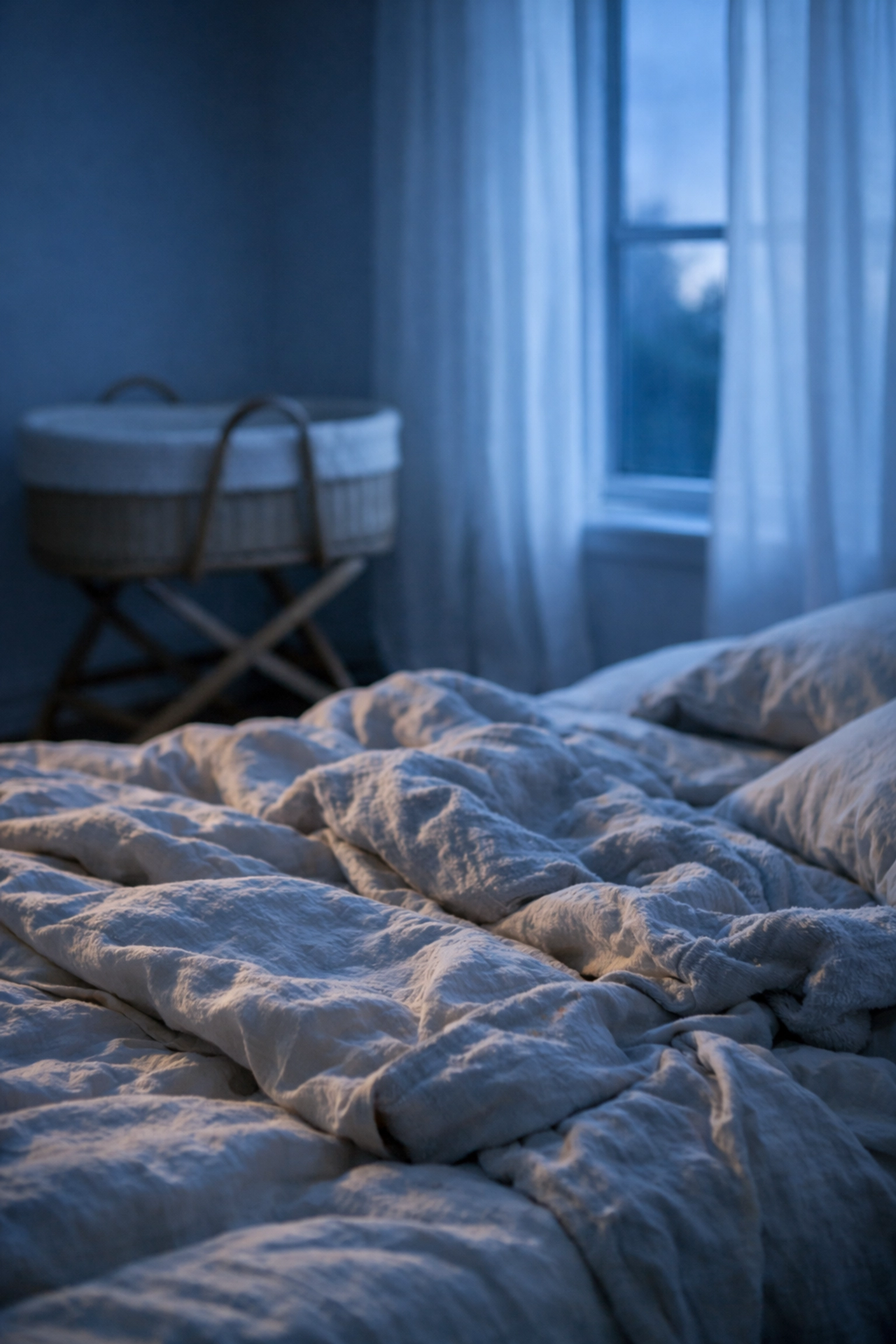 Peaceful bedroom sanctuary during the first 48 hours at home with newborn, showing a bassinet and soft linens.