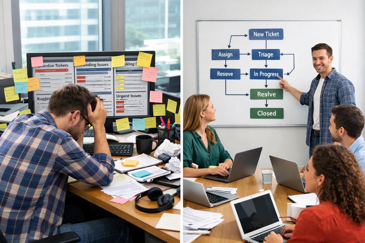 ServiceNow ITSM process transformation from chaotic ticket queue to organized workflow diagram