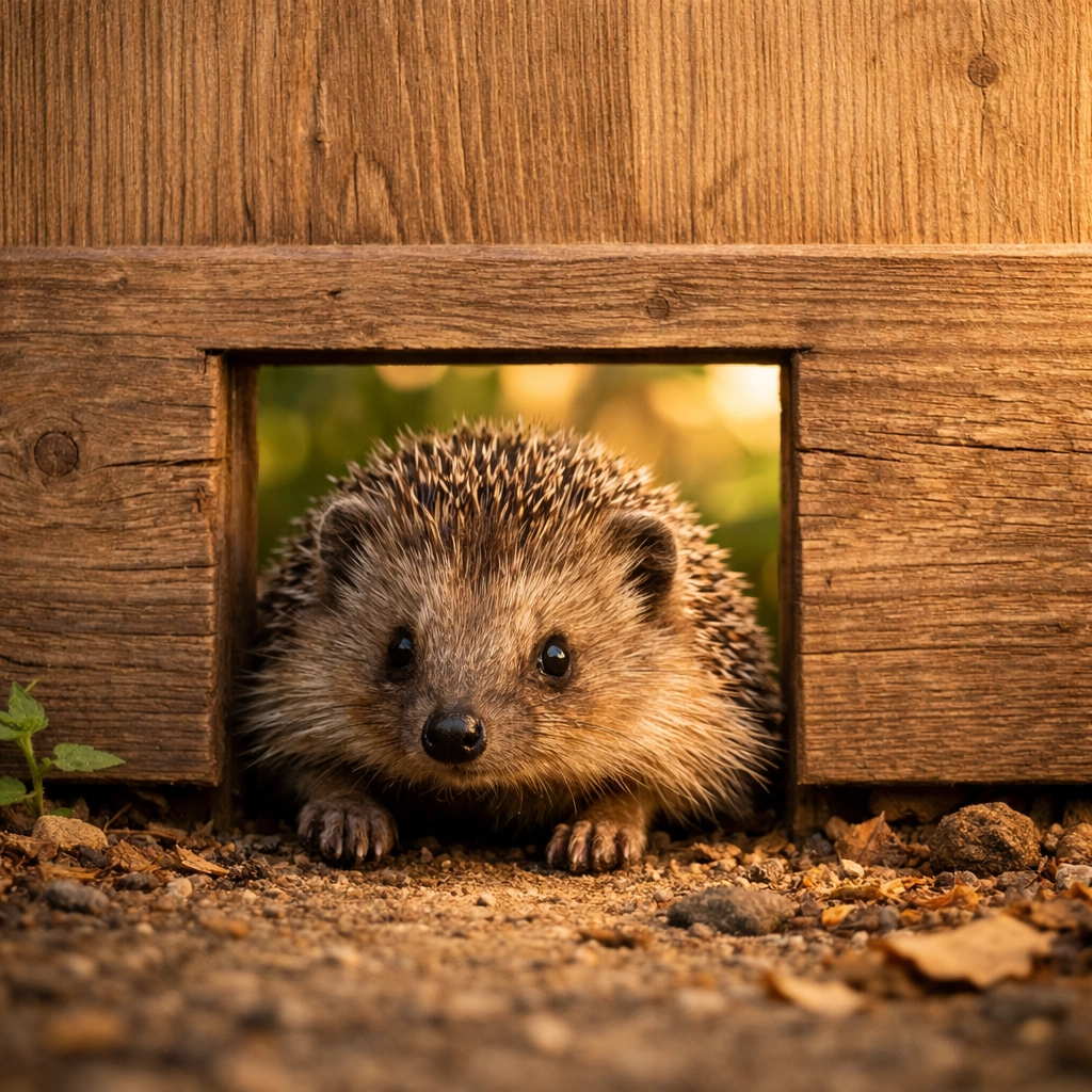 Hedgehog passing through 13cm gap in timber garden fence promoting wildlife conservation