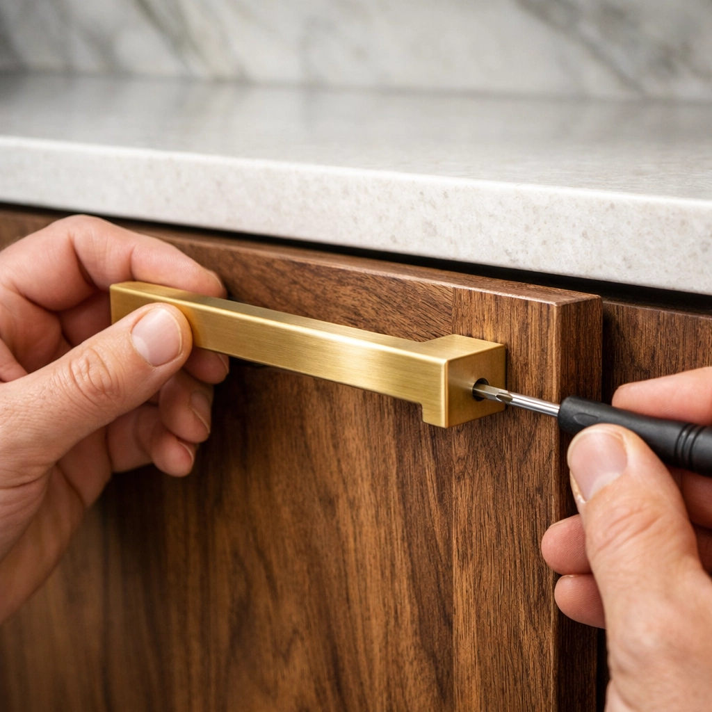 Precision craftsmanship in an Orlando kitchen remodeling project showing custom walnut cabinets and gold hardware.