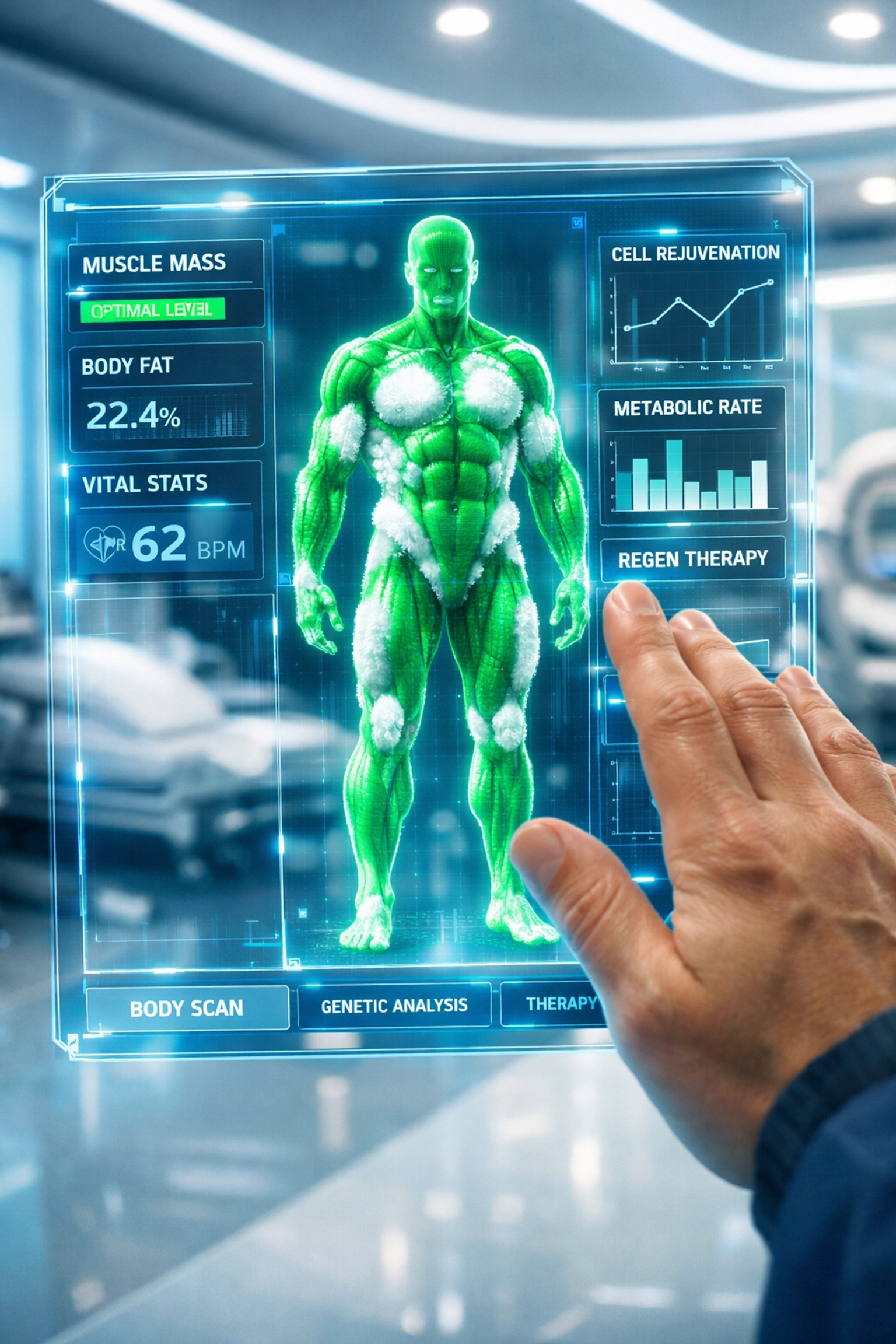 Digital body scan heat map tracking muscle mass and body fat percentage for metabolic health monitoring.