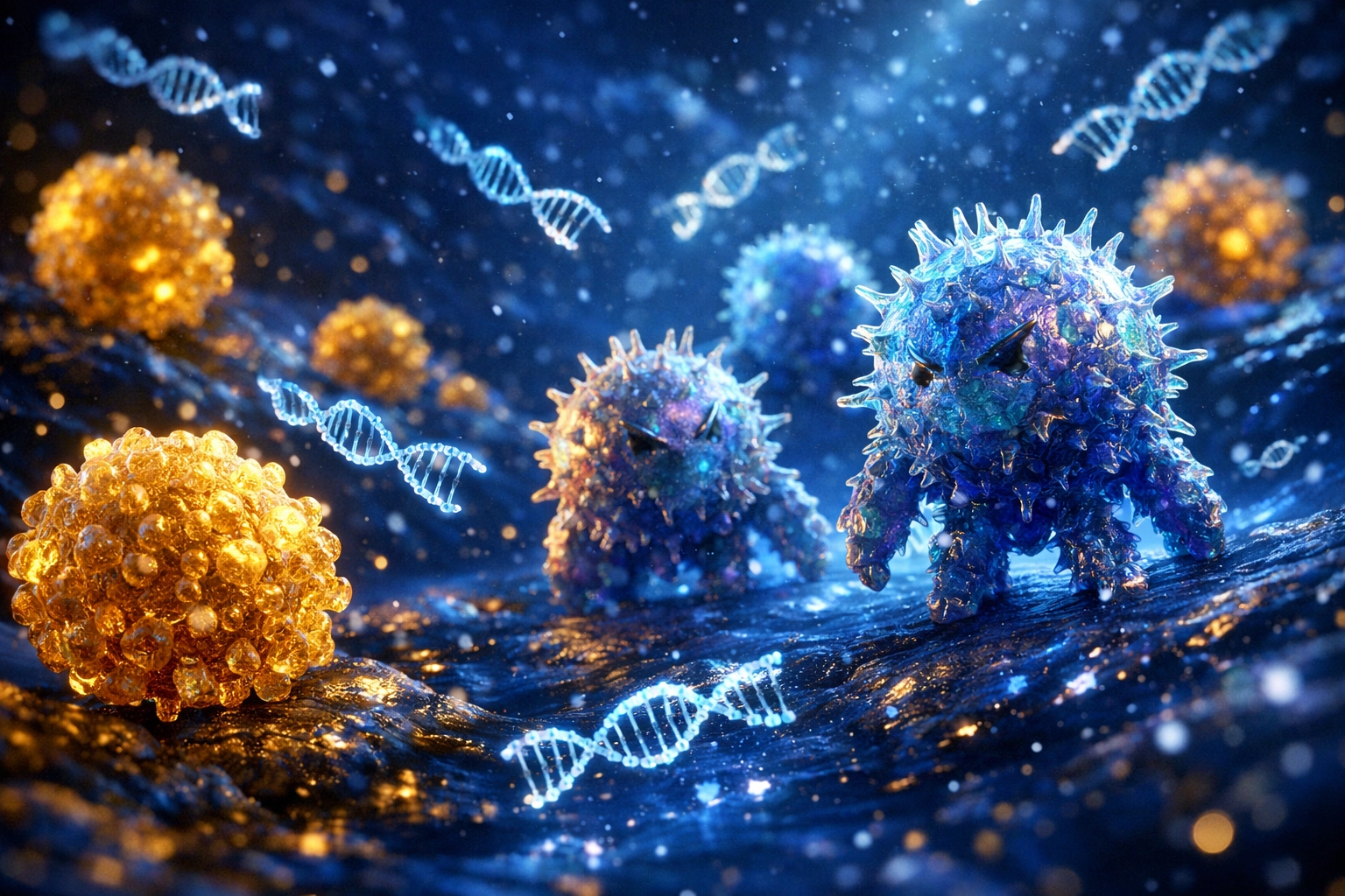 Microscopic view of canine immune cells and DNA fragments detected in dog cancer liquid biopsies.