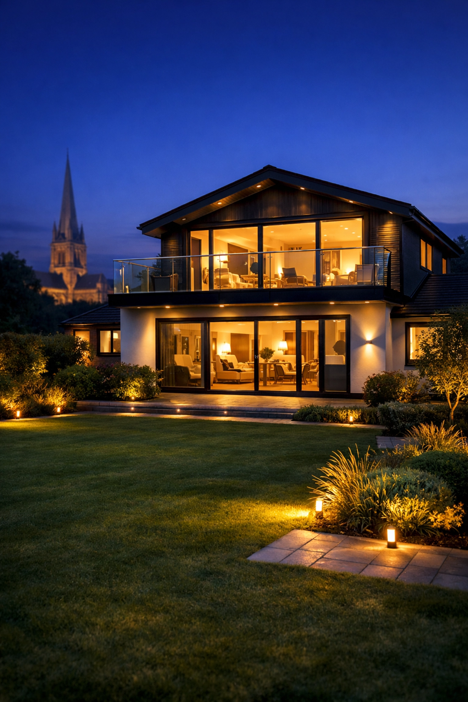 Two-storey bungalow conversion in West Sussex with a modern balcony and cathedral views.