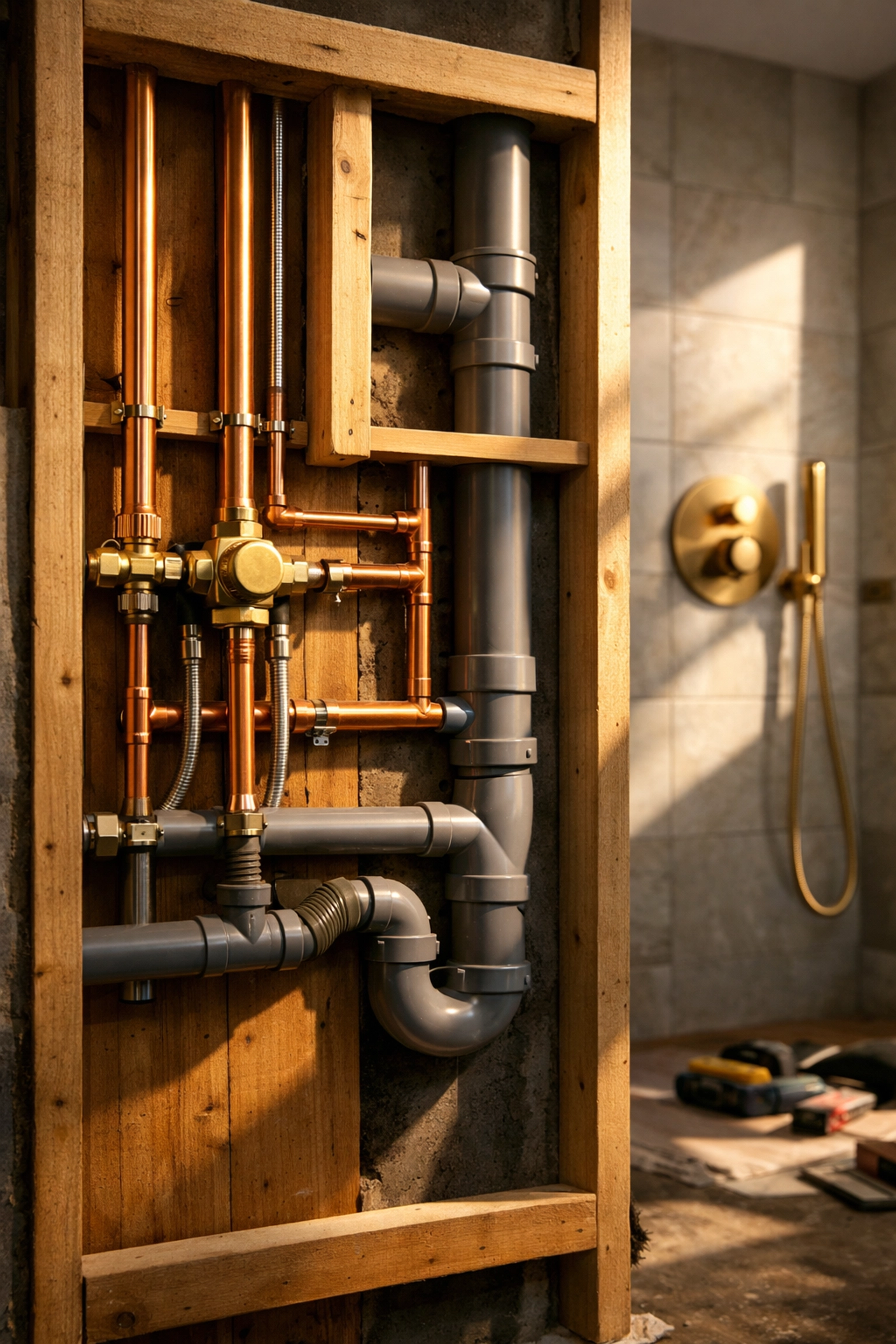 Professional bathroom renovation showing copper pipes and waste lines installed within a timber stud wall.
