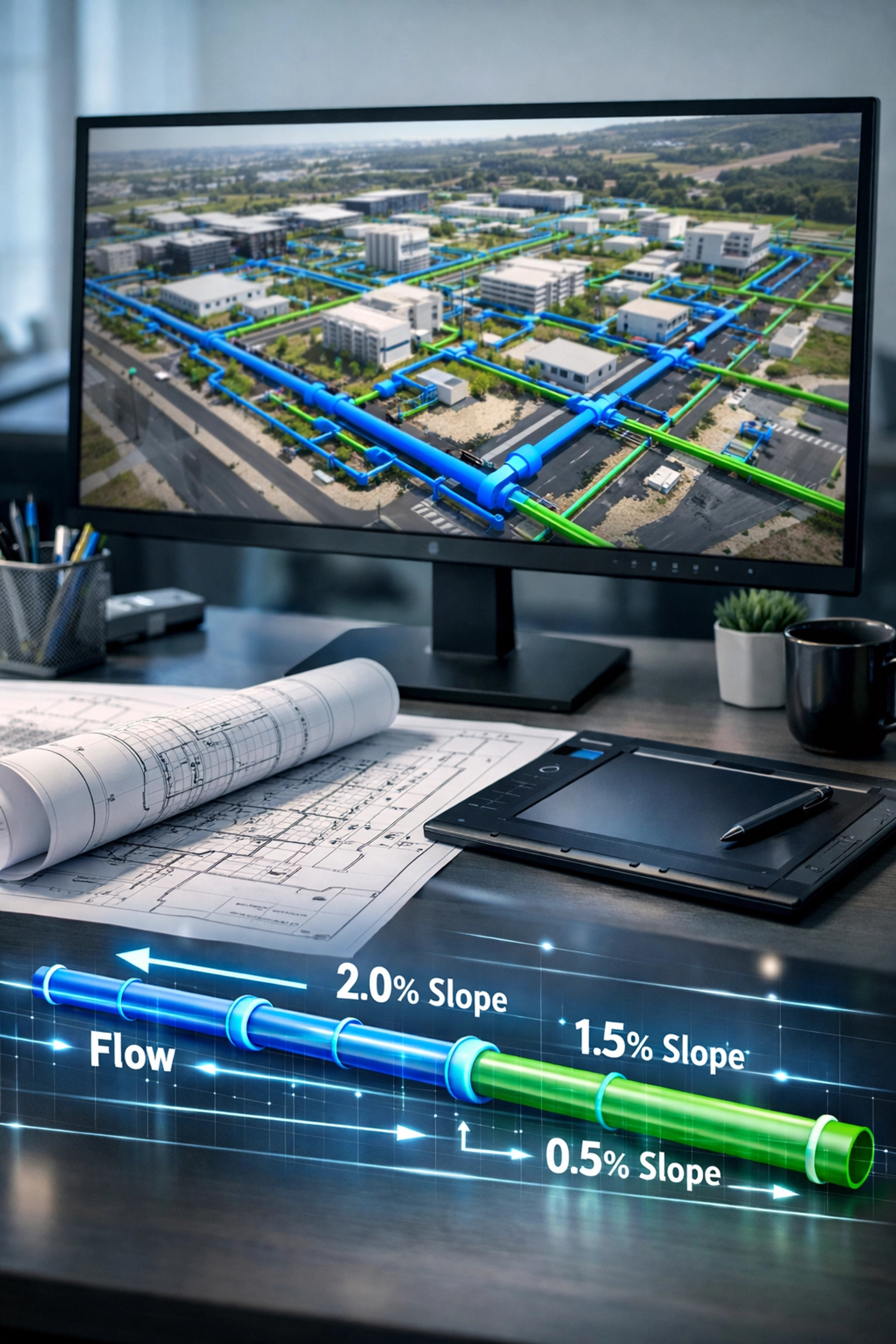 Professional 3D site servicing model and engineering blueprints for an Ontario land development project.