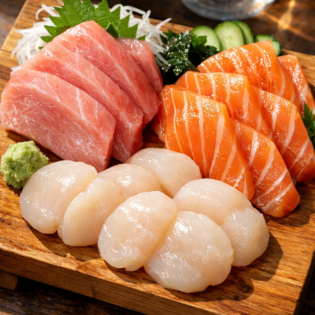 Fresh tuna and salmon sashimi platter at Tsukiji Outer Market during a 14-day Tokyo food adventure.