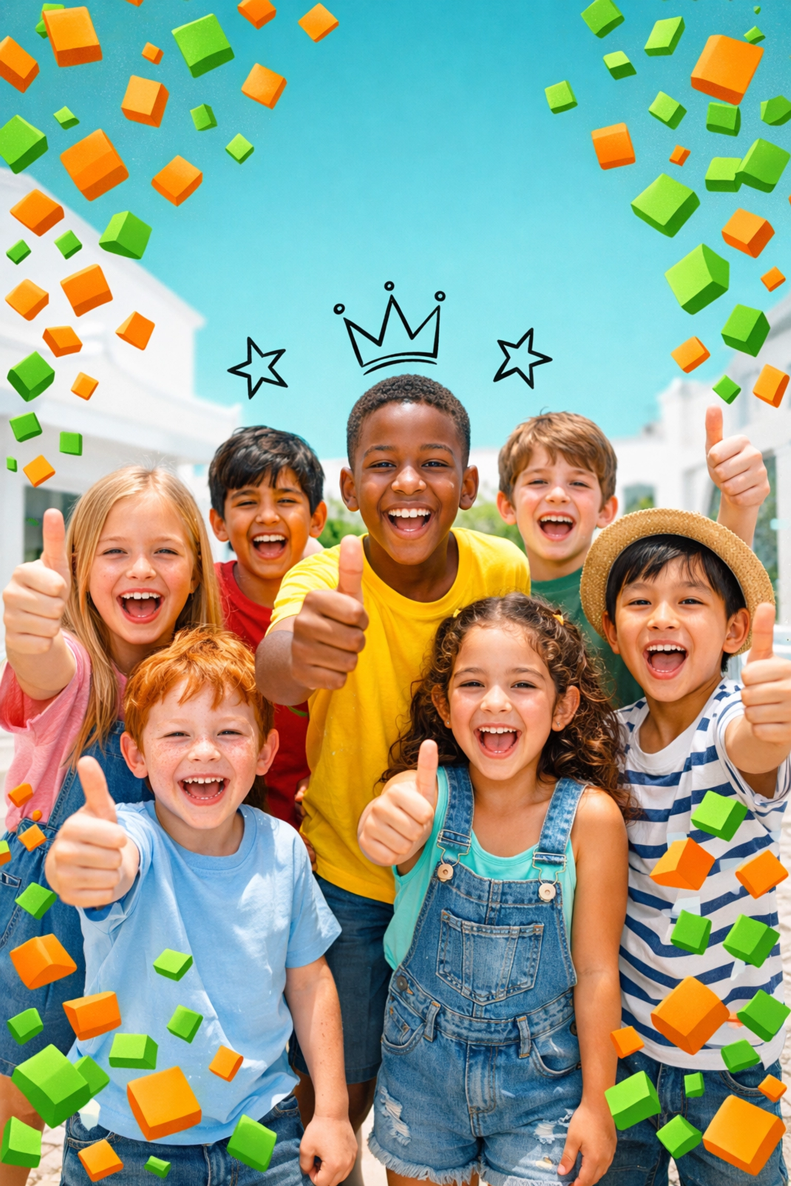Diverse children celebrate success and future readiness after completing life skills classes for kids online.
