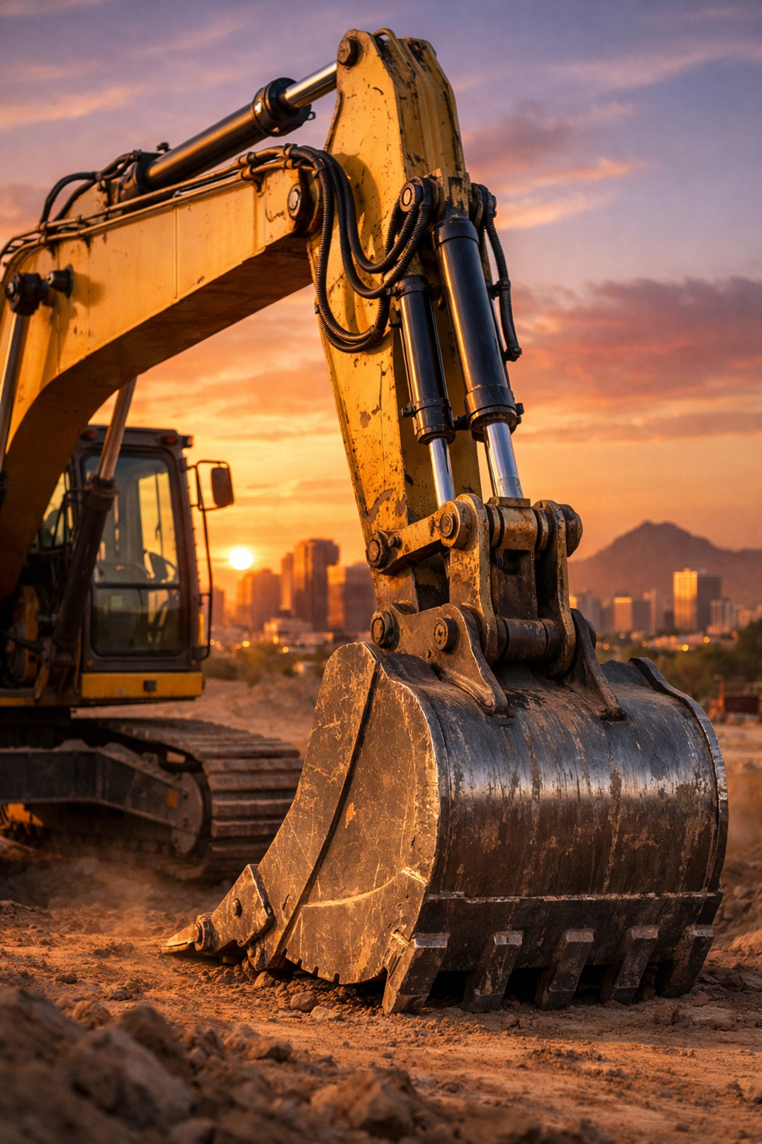Yellow used excavator on a Phoenix construction site at sunset, representing durable value and lower depreciation.