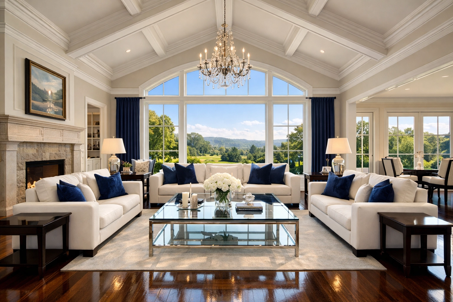 Pristine grand living room in a Hamilton estate featuring professional luxury house cleaning on hardwood floors.