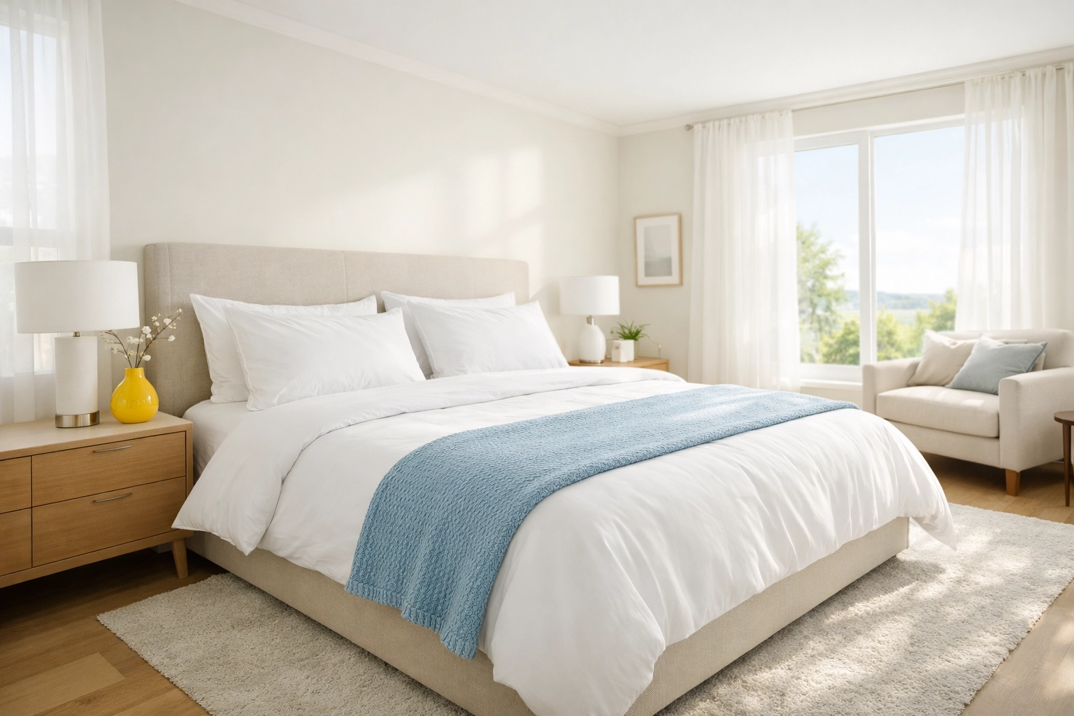 Freshly cleaned sunlit master bedroom with crisp white linens and improved indoor air quality.