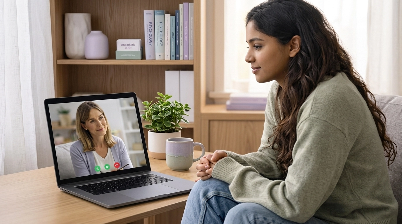 A professional clinician's workspace featuring a laptop with a friendly therapist on screen, illustrating the multidisciplinary support available online.