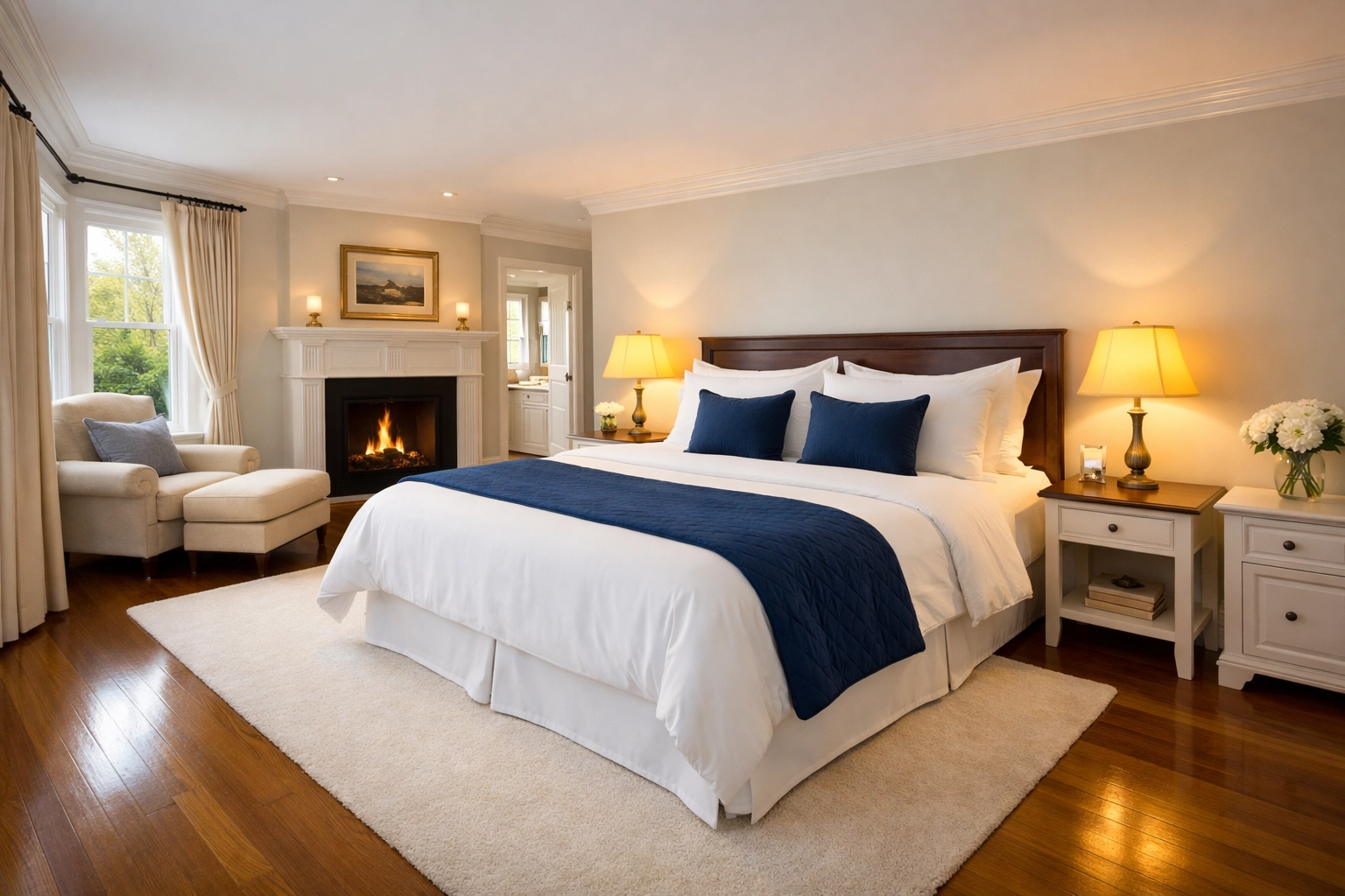 A clutter-free, pristine bedroom sanctuary following a professional house cleaning Townsend MA visit.