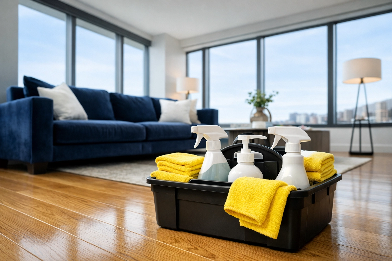 A spotless modern living room in Quincy MA after a professional house cleaning service visit.