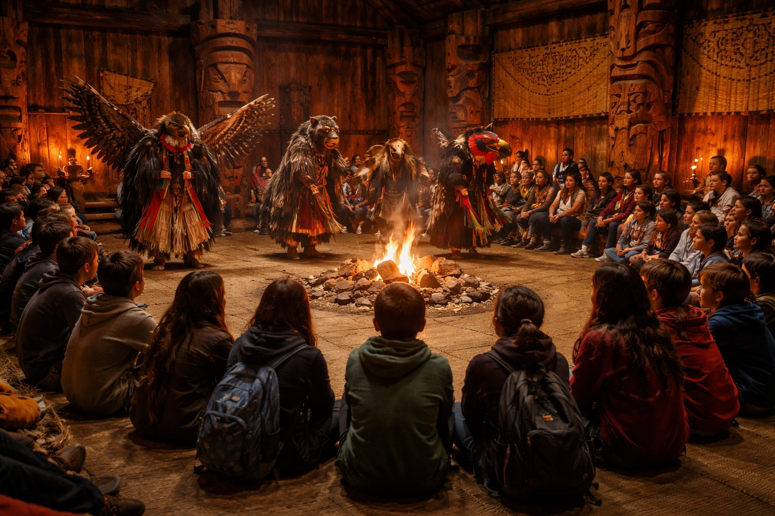 Students observing Native American dancers perform inside a traditional Pacific Northwest longhouse