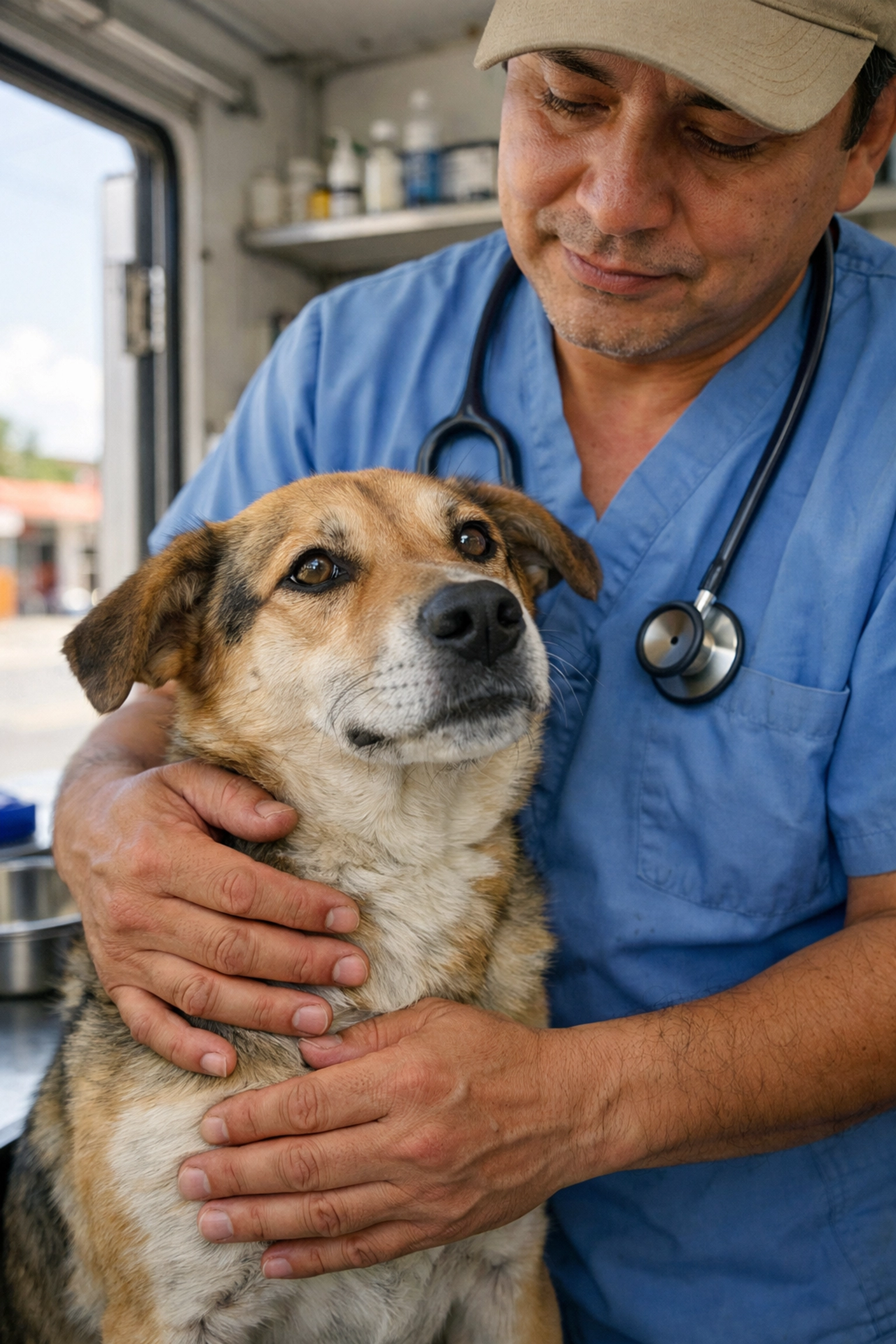 A veterinarian performs a clinical exam on a dog at a free spay neuter clinic in Oaxaca.