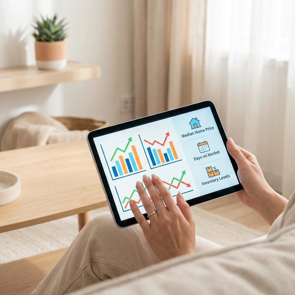 Real estate agent using tablet to analyze South Jersey neighborhood market trends and pricing data