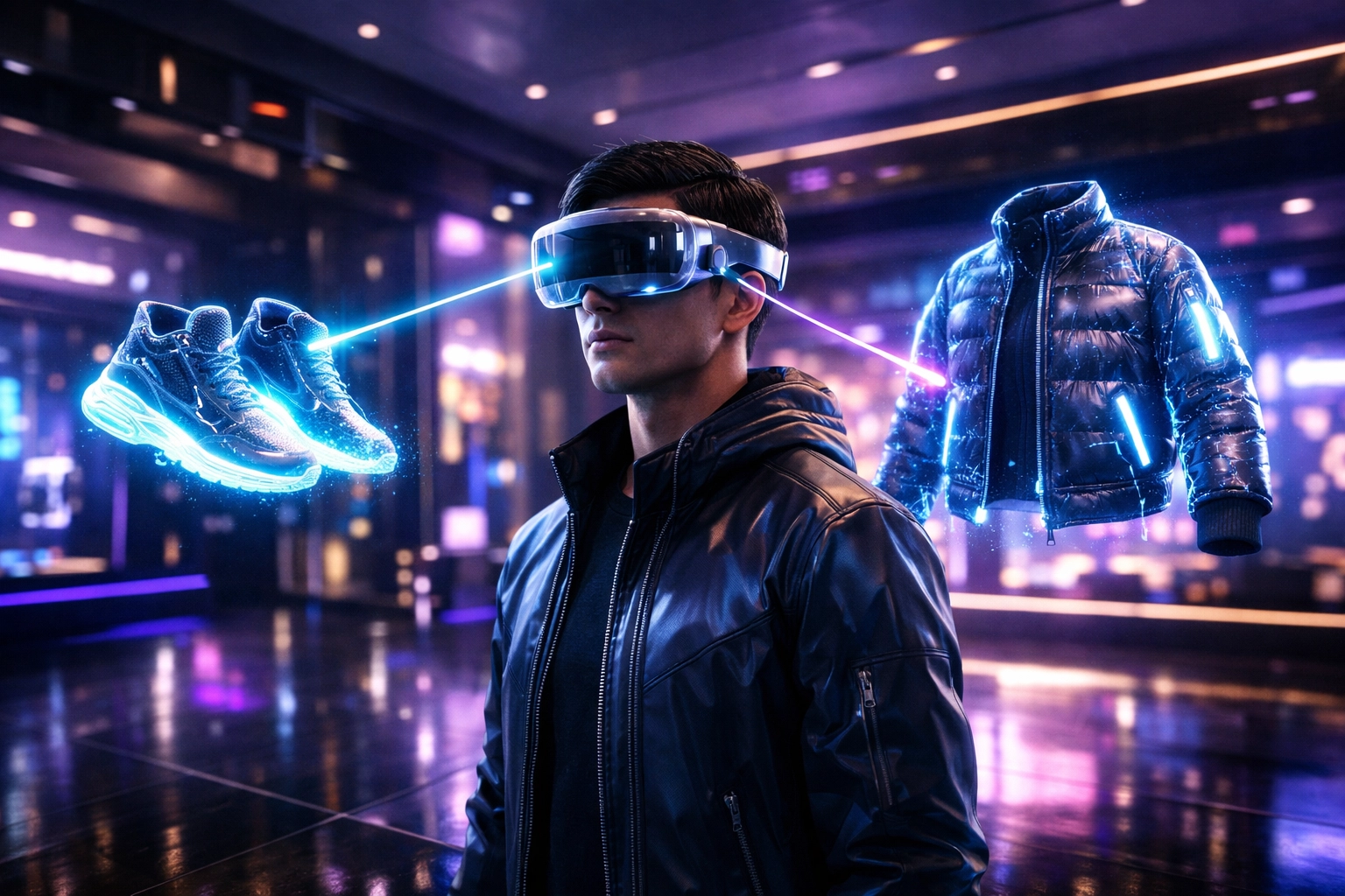 Larecoin.ai metaverse shopping experience showing an avatar browsing holographic fashion in a VR store.