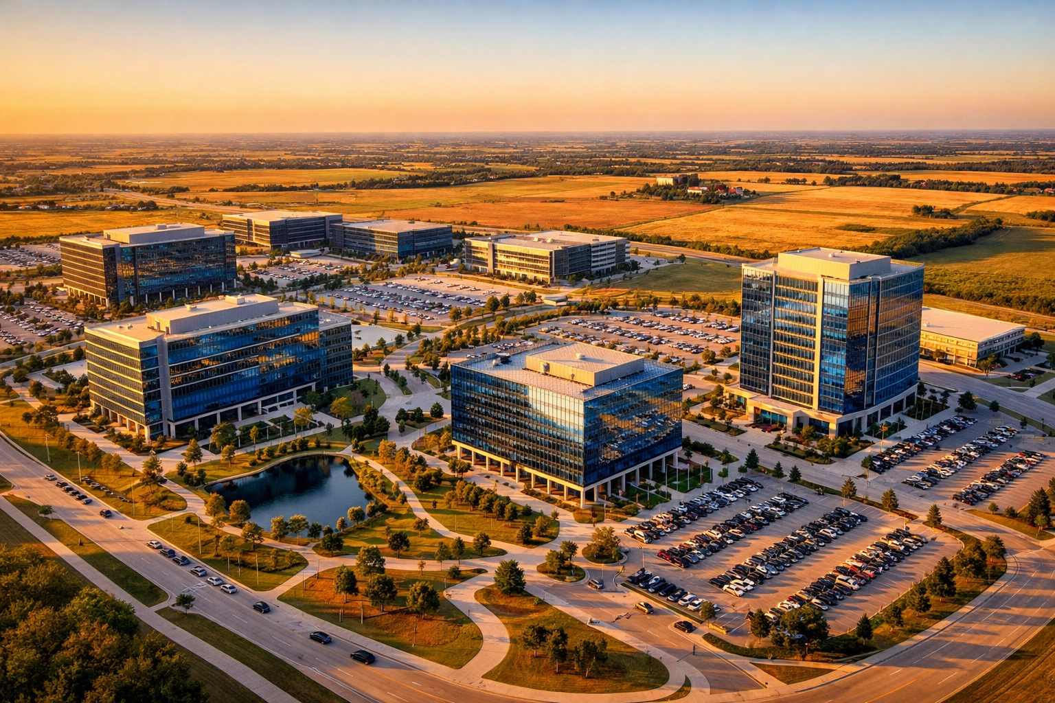 Modern corporate campus in North Texas suburbs surrounded by farmland and development