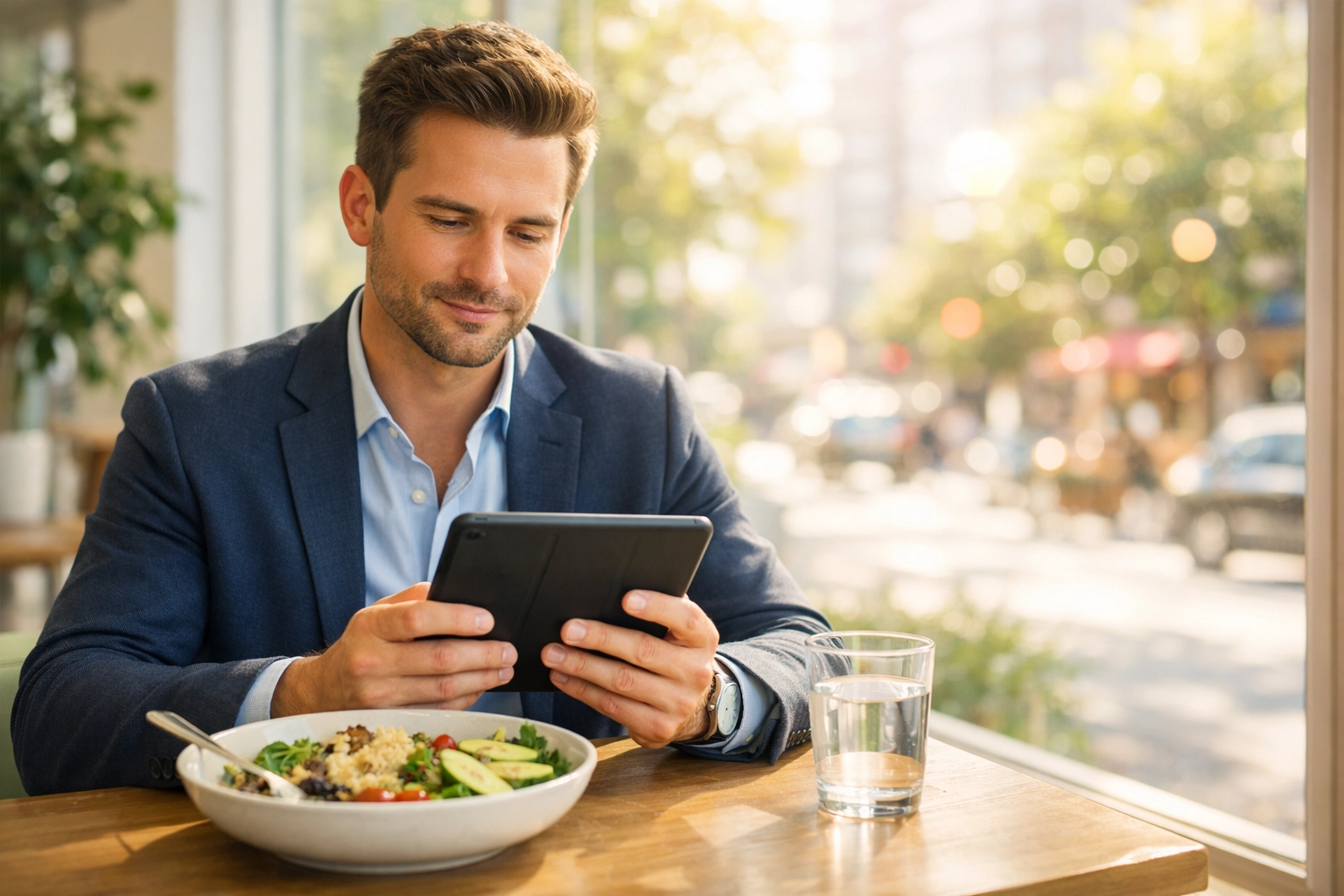 A man practicing a midday news pivot for better mental health while reading a tablet in a sunny cafe.
