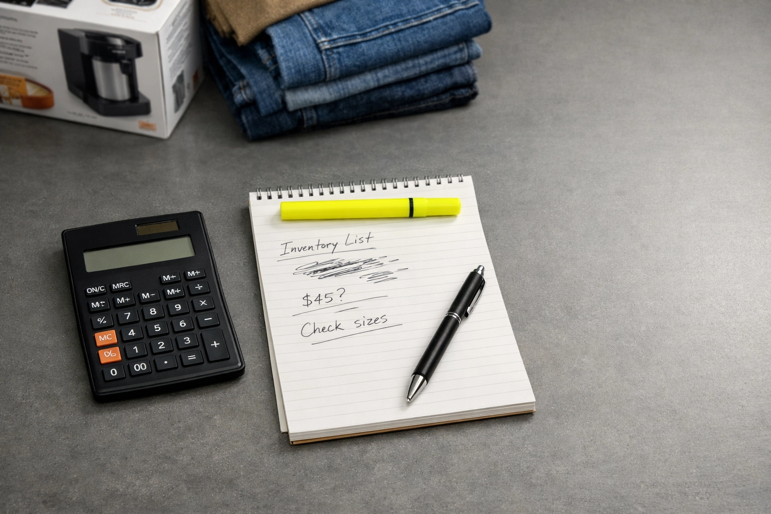 A reseller's workstation with a calculator and notepad for calculating liquidation pallet profits.