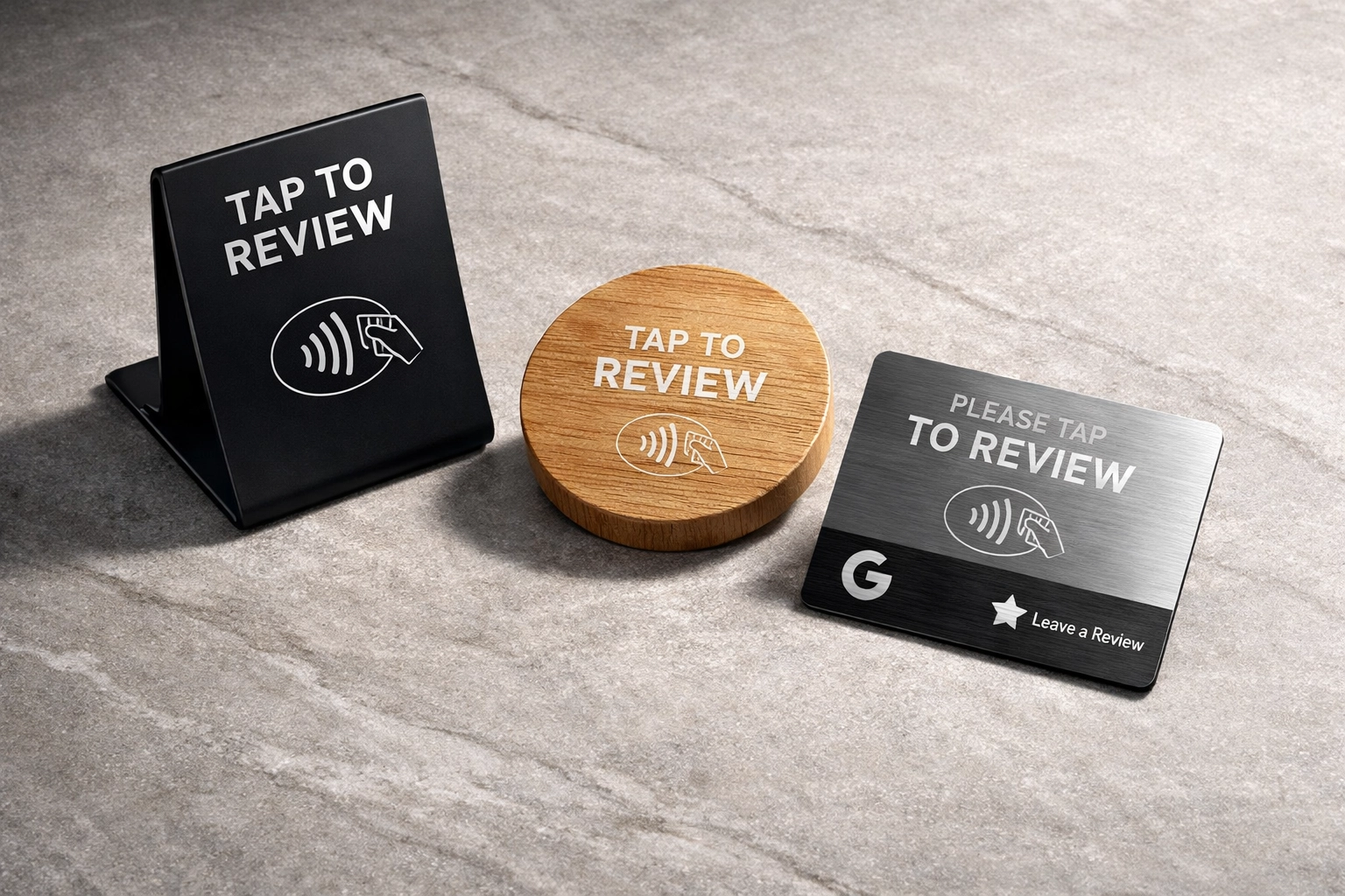 A variety of NFC review hardware options including desktop stands, adhesive tags, and tap cards.