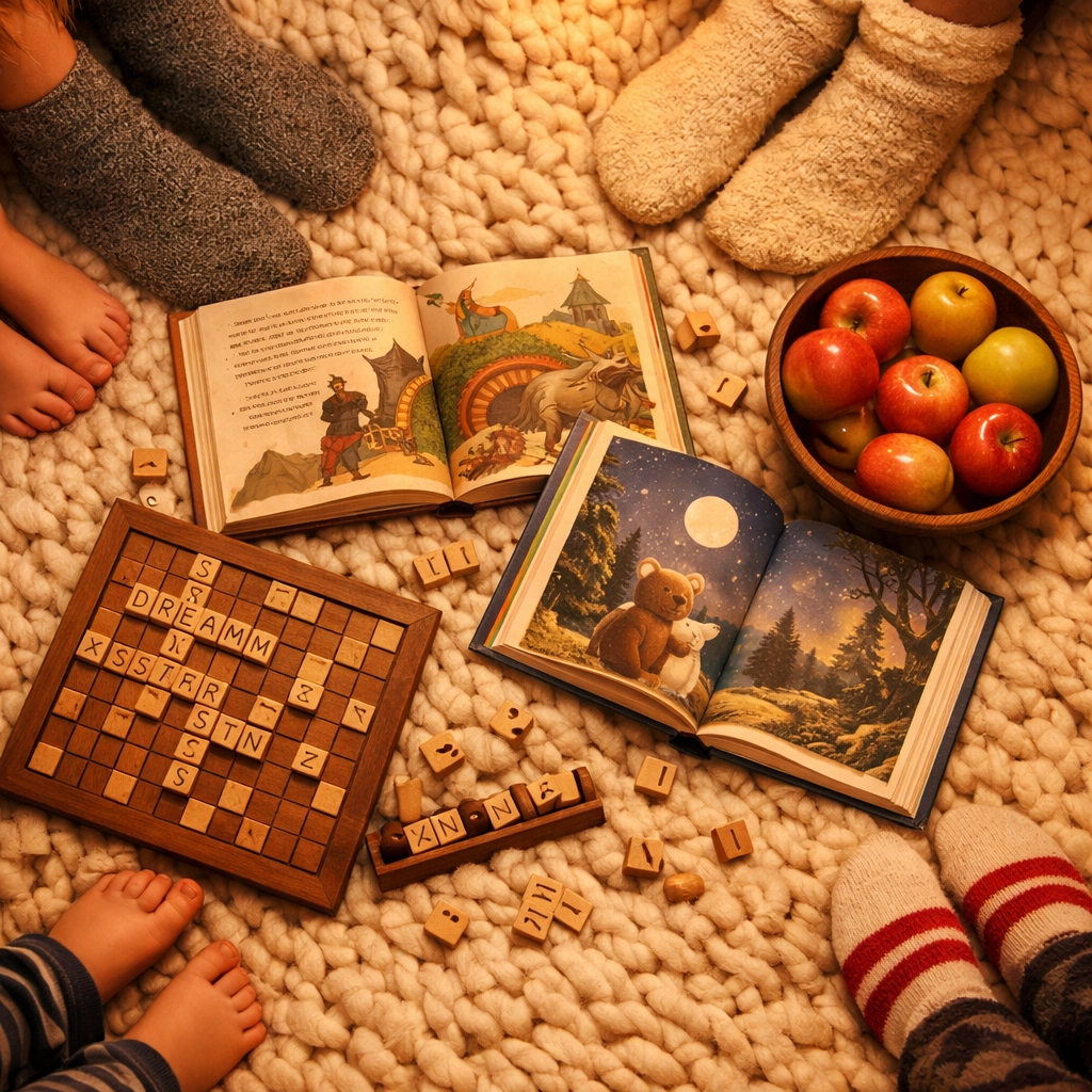 Cozy family sanctuary with books and games, illustrating intentional self-care and recharging from a busy schedule.