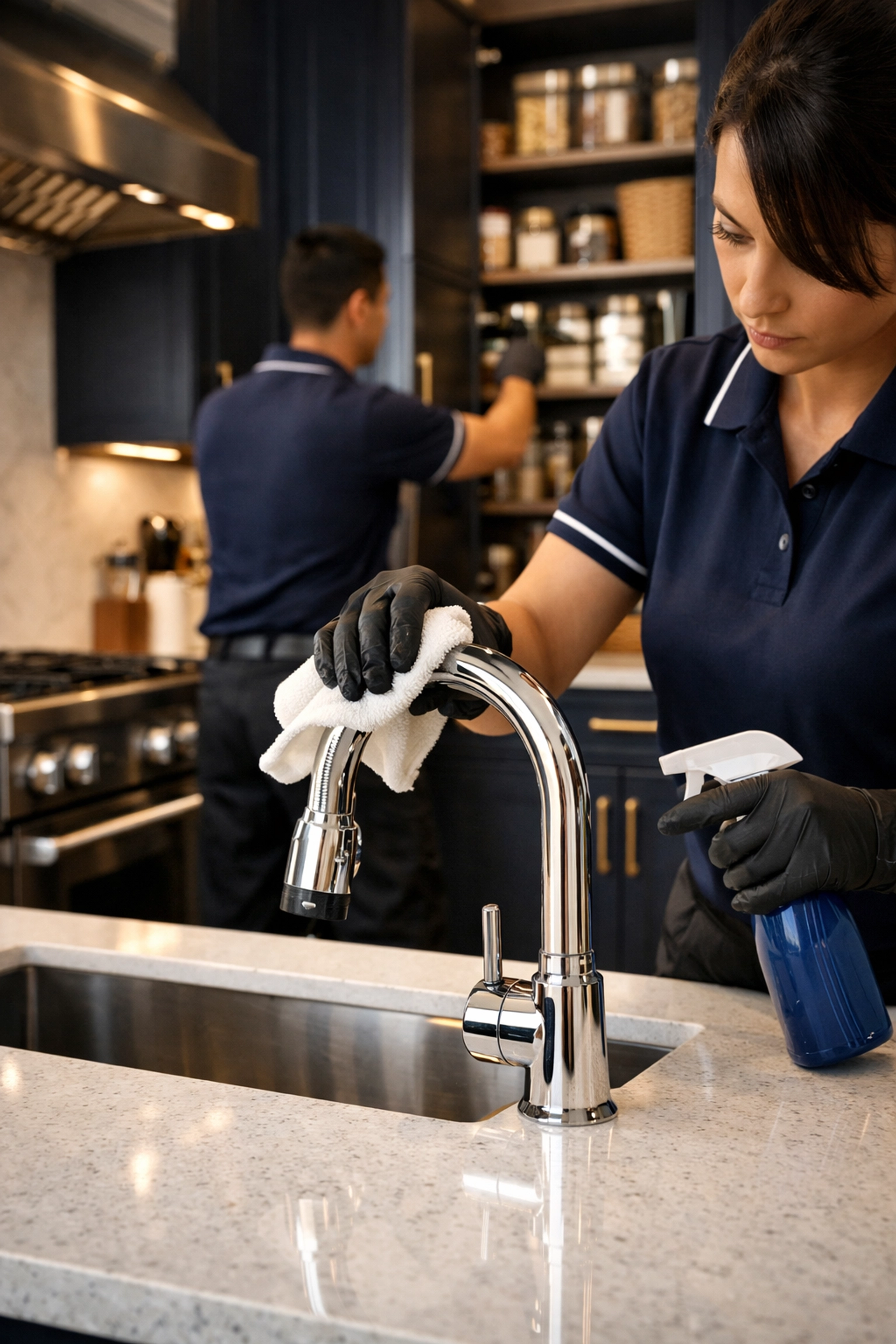 A professional cleaning team providing luxury cleaning in Marblehead with extreme attention to detail in a modern kitchen.