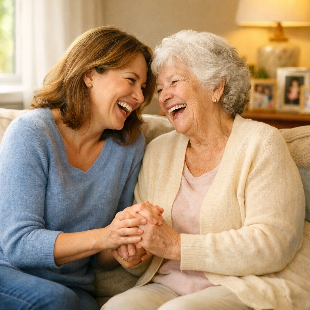 Adult daughter and elderly mother bonding after receiving respite care and home care support