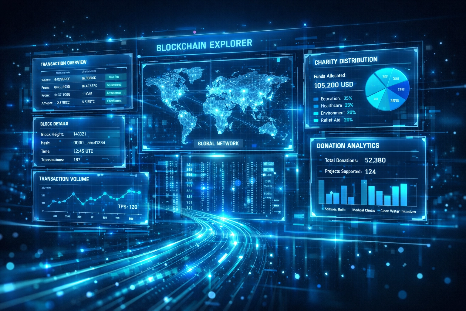 LareScan blockchain explorer displaying transparent global charity transaction data and distribution