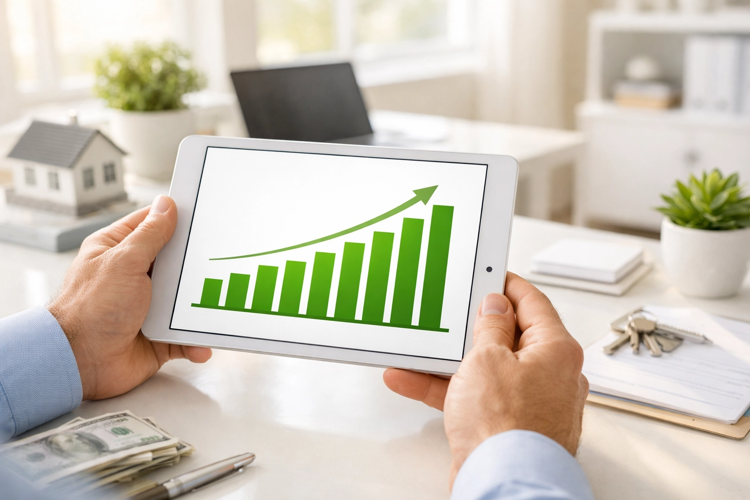 Investor holding a tablet showing a portfolio growth chart for real estate financial pre-approval.