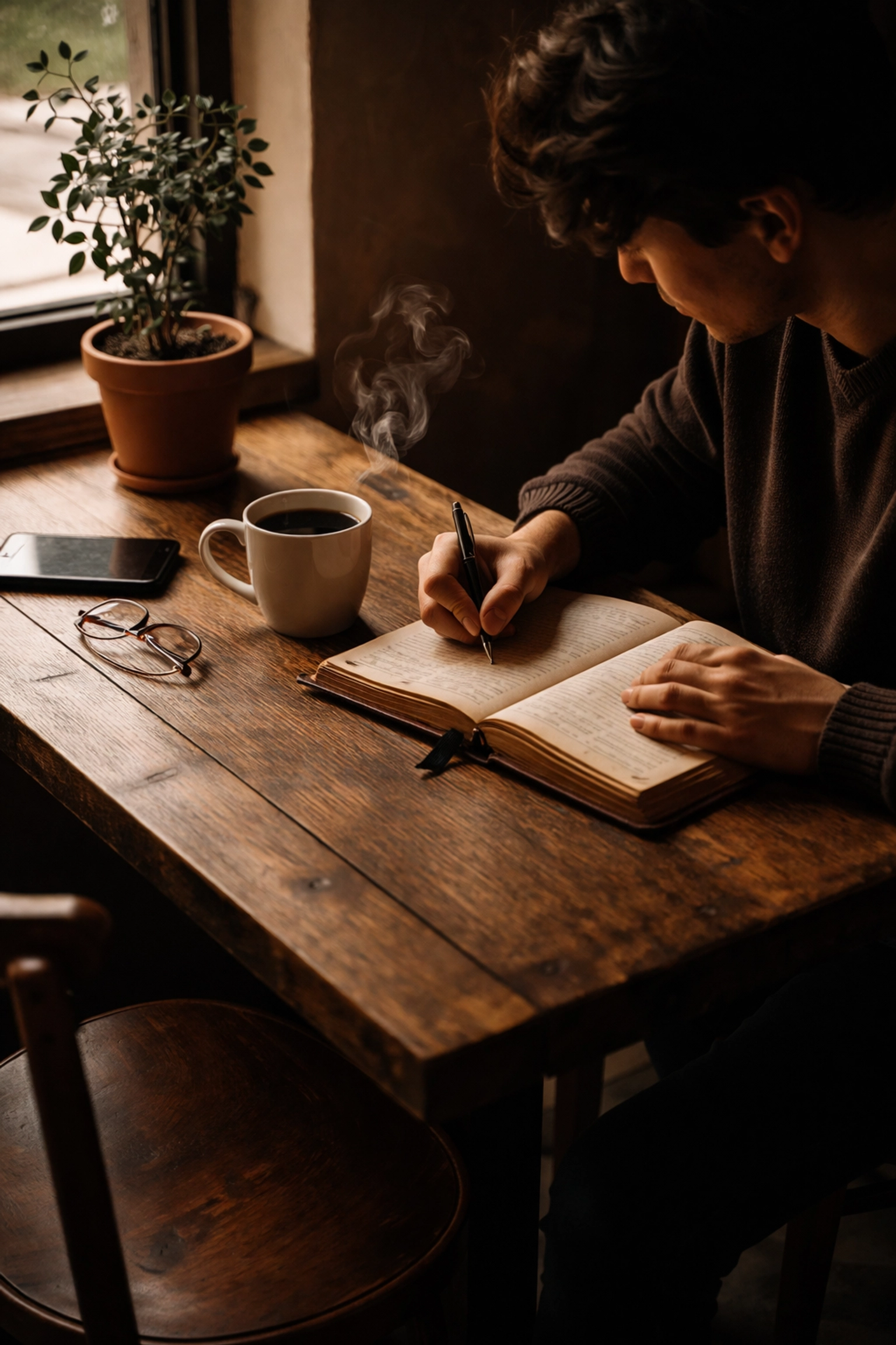 Coffee & Comedy: Vol 2 A cozy coffee shop scene with a person journaling at a rustic table, sipping coffee, and enjoying a peaceful atmosphere.