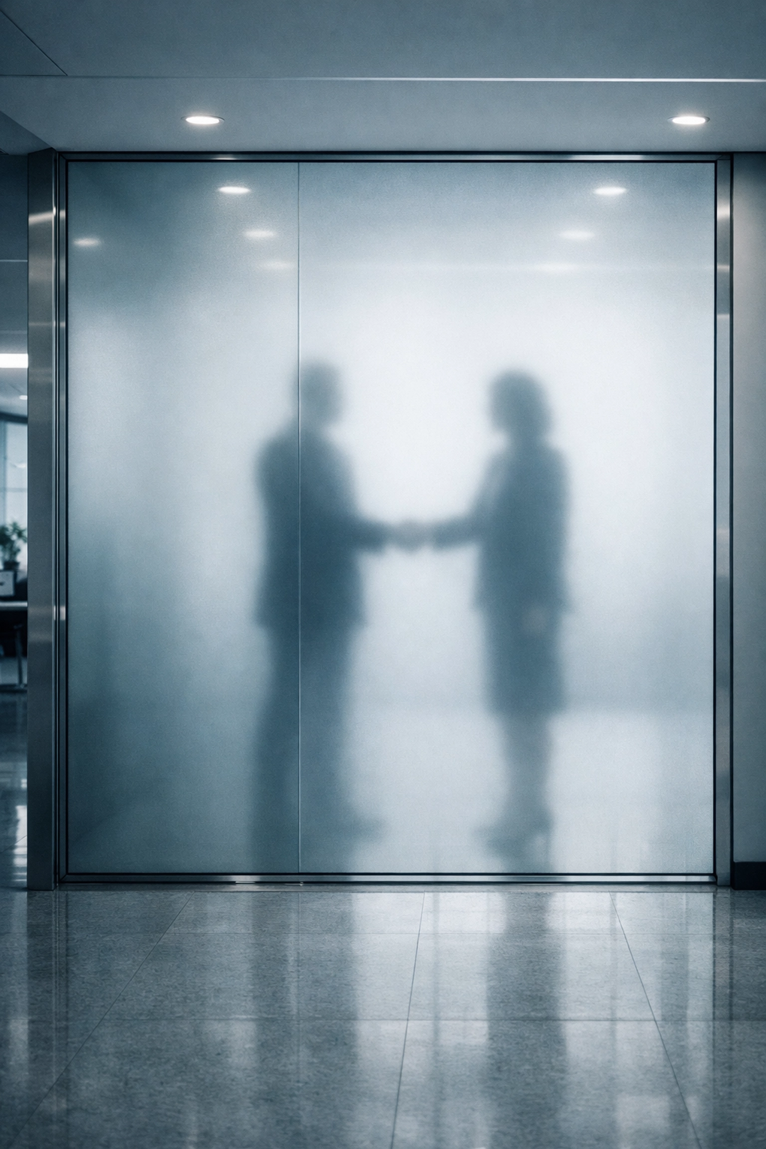Blurred handshake behind frosted glass representing discreet Alabama business brokerage and buyer vetting.