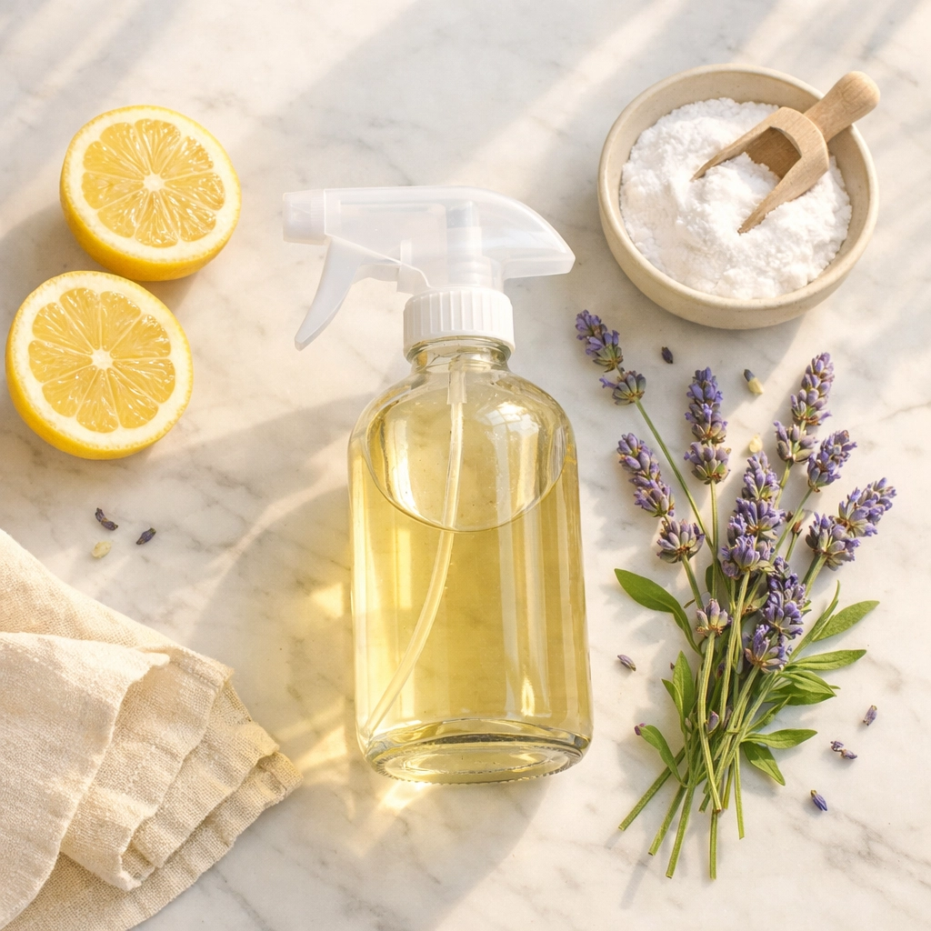 DIY natural cleaning supplies with vinegar spray bottle, lemons, lavender, and baking soda on kitchen counter