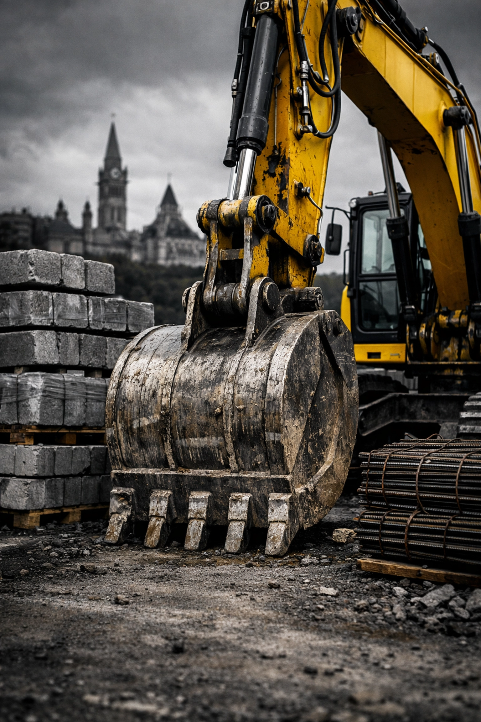 Excavator and building materials at an Ottawa construction site ready for new housing starts.