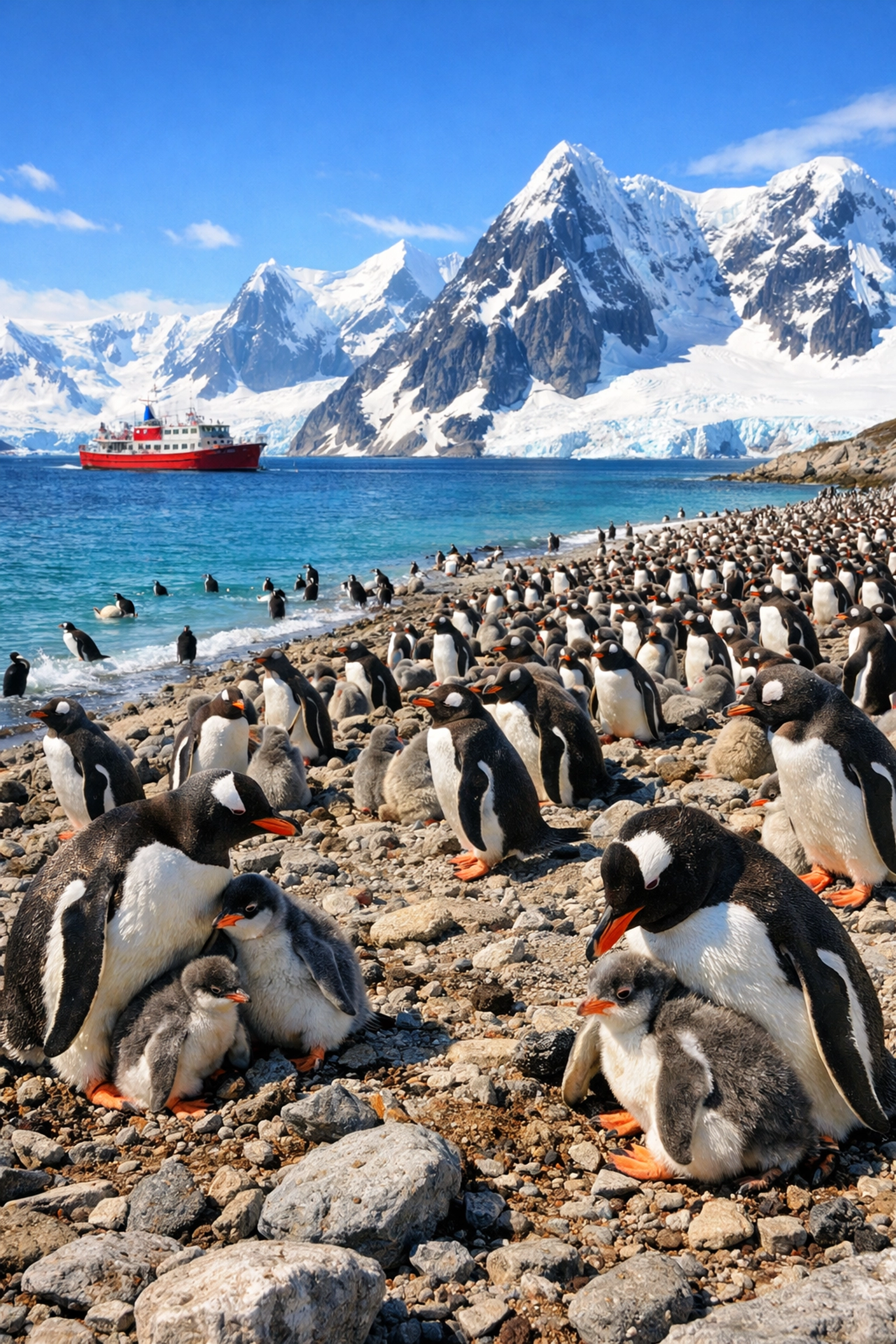 Gentoo penguin colony with chicks on Antarctic beach with expedition ship anchored in bay