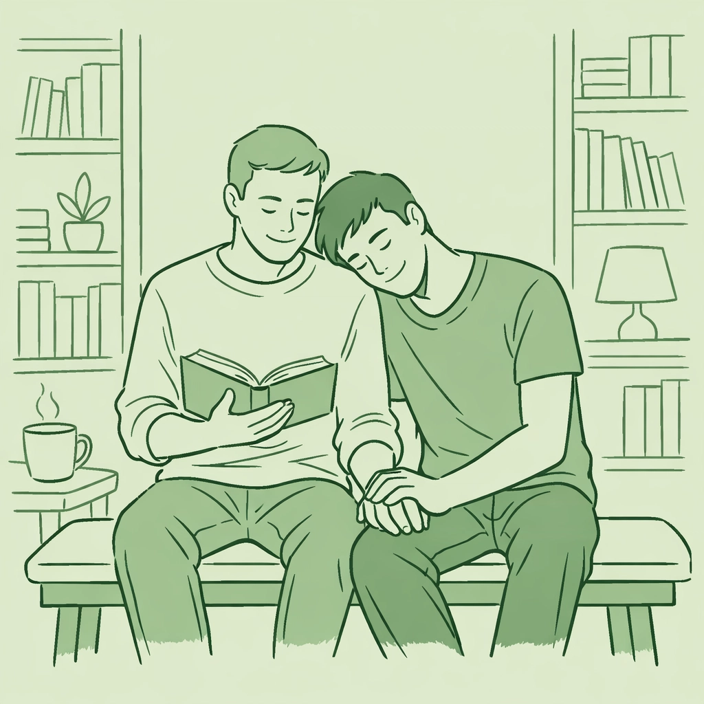A gay couple sharing a quiet moment reading MM romance books together, illustrating authentic queer joy and peace.
