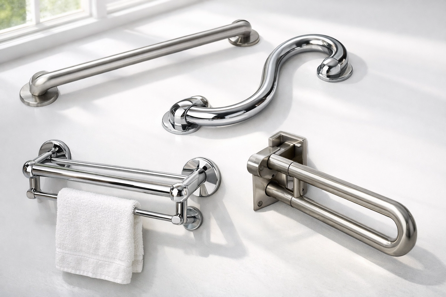 Various types of bathroom grab bars including straight, curved, and folding safety rails