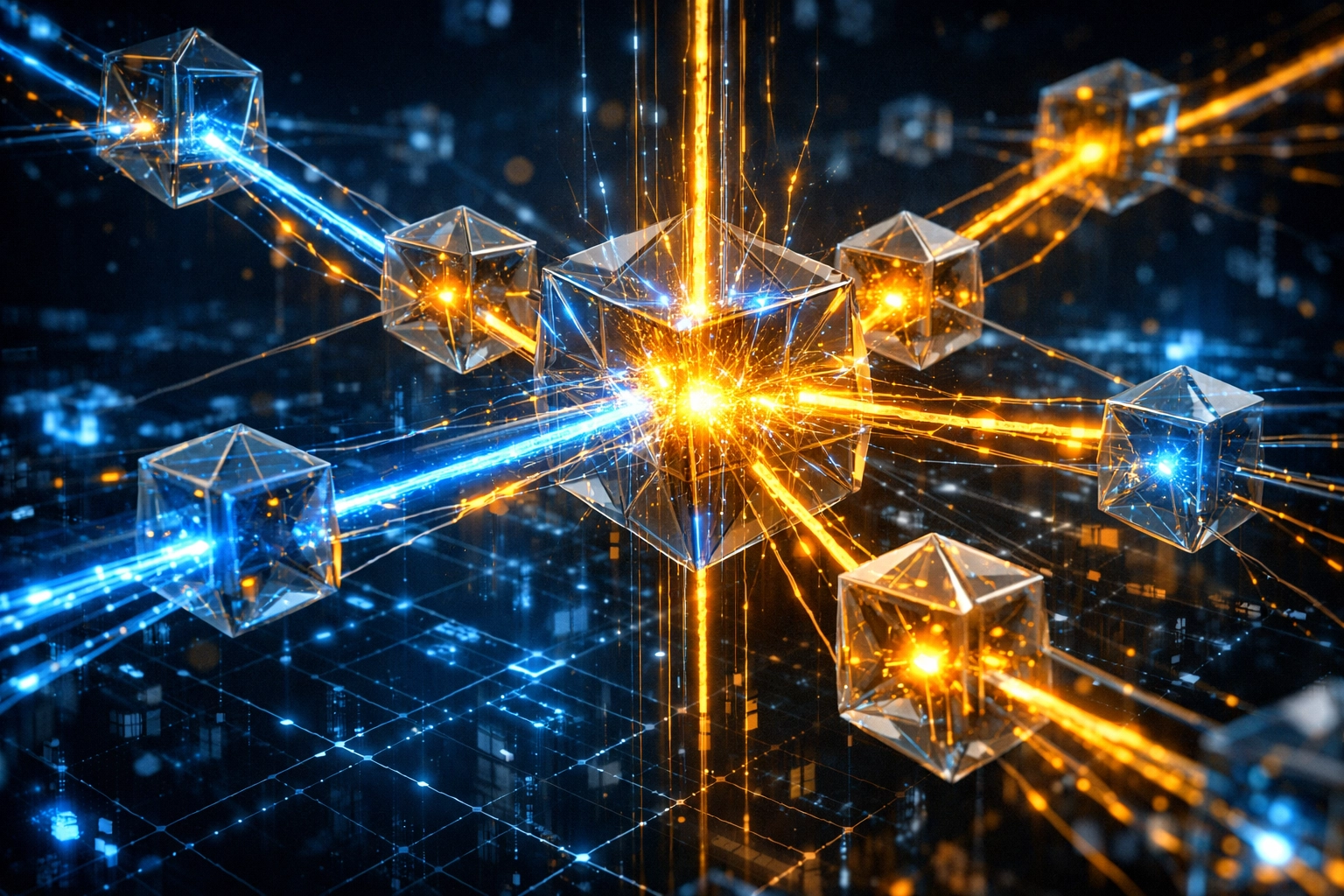 AI-powered neural network optimizing blockchain payment routes for lower merchant fees.