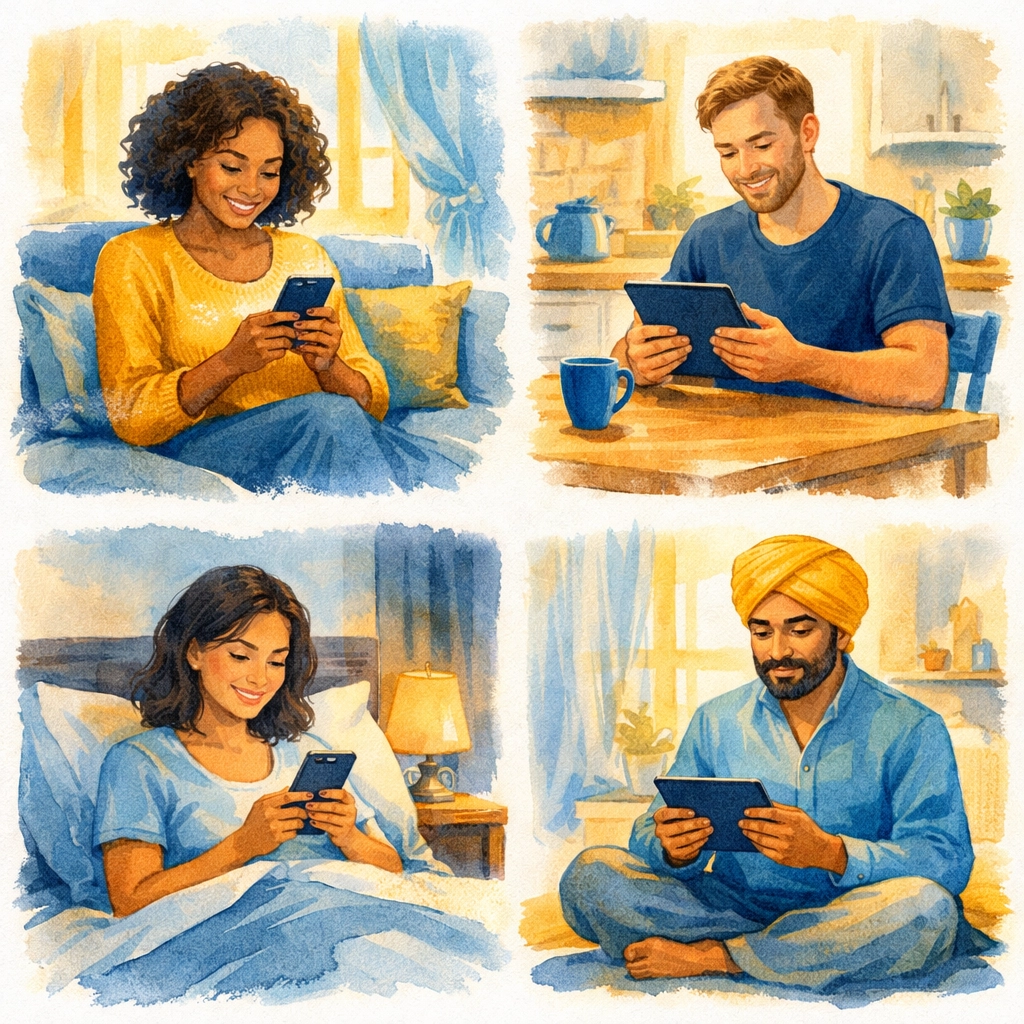 Diverse people accessing online church content from home on smartphones and tablets at various times