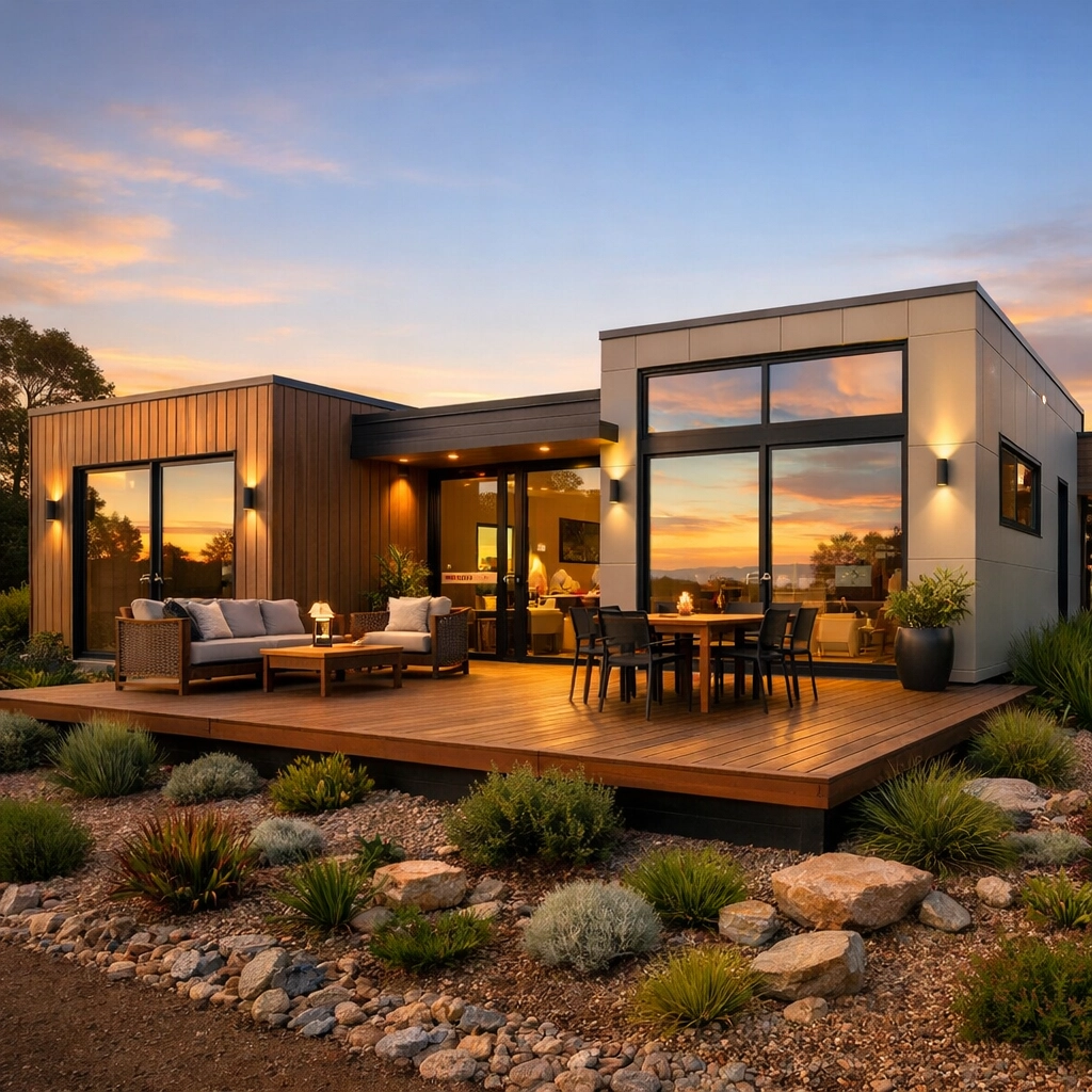Completed modular home exterior with timber deck and native Australian landscaping