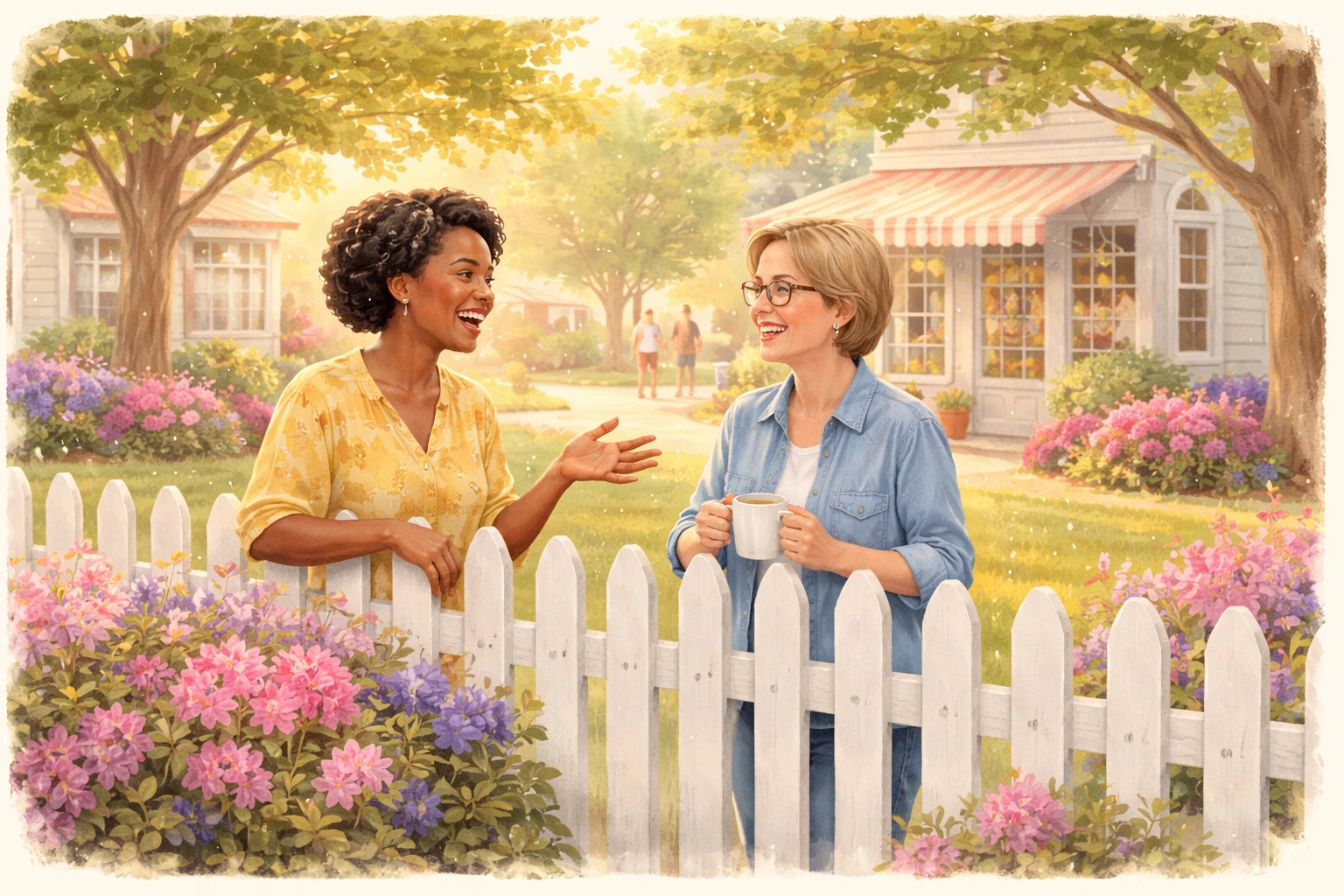 Neighbors recommending Summerville businesses over a white picket fence in a friendly local neighborhood