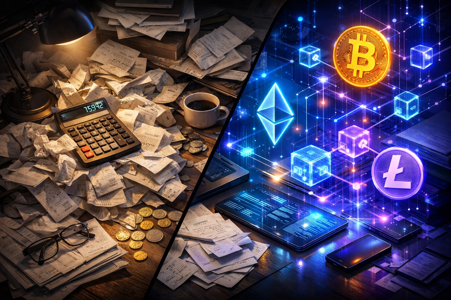 Traditional crypto accounting chaos versus organized blockchain NFT receipt tracking system