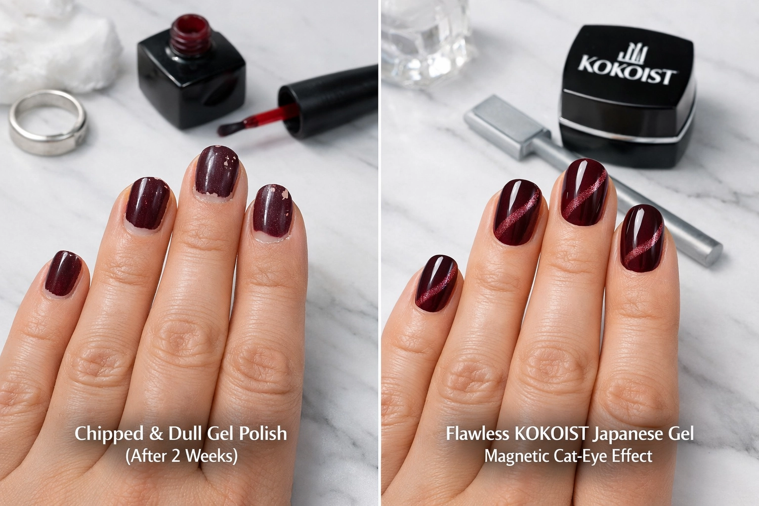 Comparison of standard gel polish vs KOKOIST Japanese gel magnetic cat-eye manicure durability