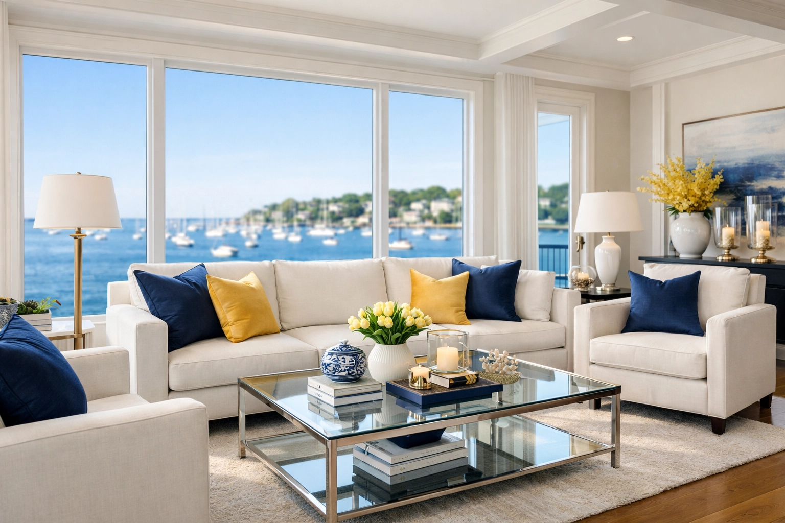 Pristine coastal living room with a harbor view after thorough deep cleaning in Marblehead.