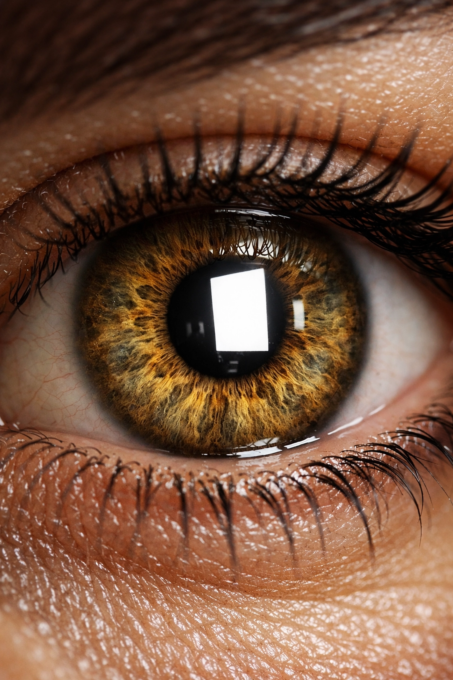 Macro photo of a hazel eye with professional rectangular catchlights in portrait photography.