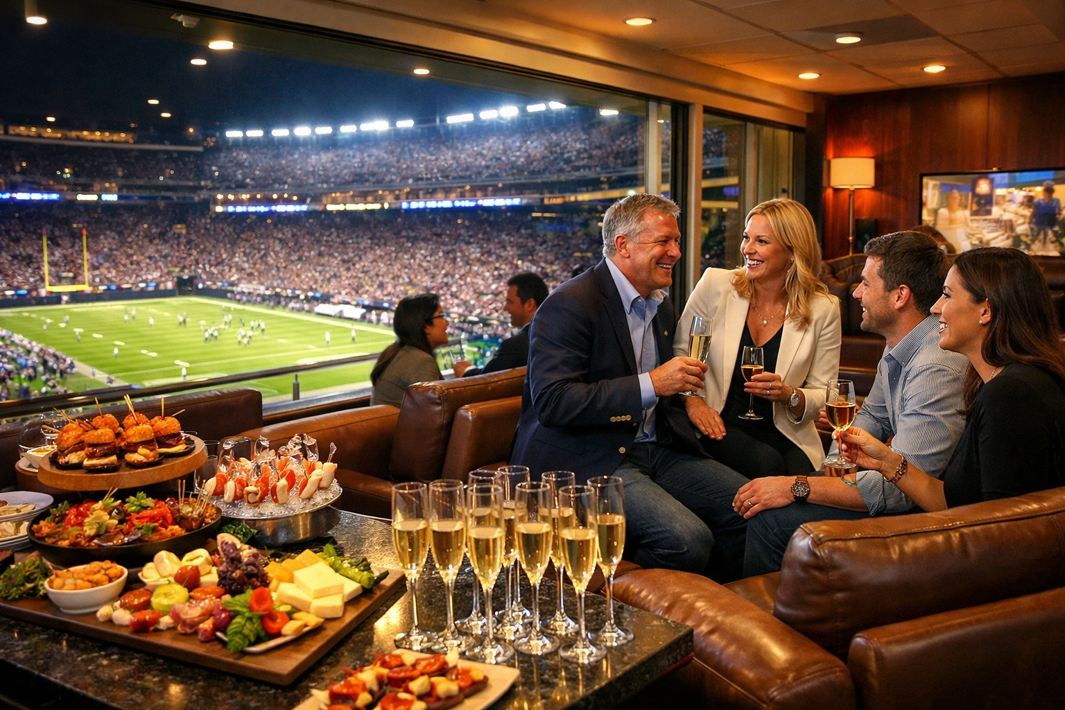 Luxury VIP suite at Super Bowl with executives enjoying premium corporate hospitality experience