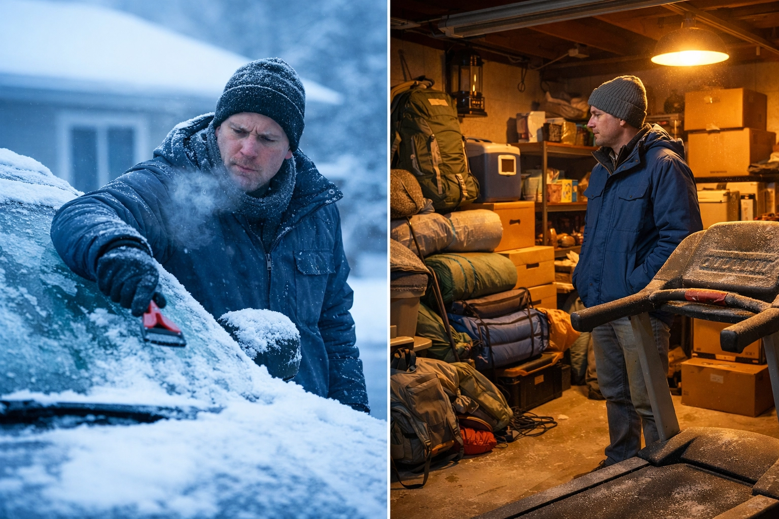 Car parked outside in winter while garage stores unused equipment and boxes