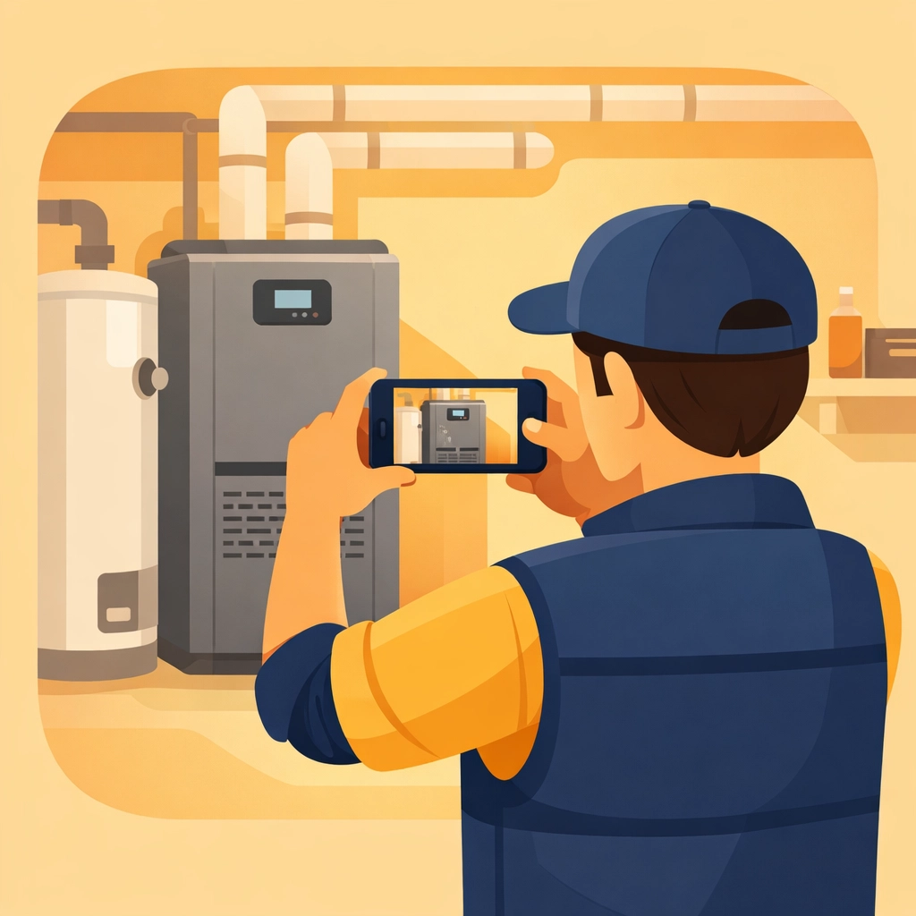 Contractor using a photo timeline app to document a newly installed furnace on a job site.