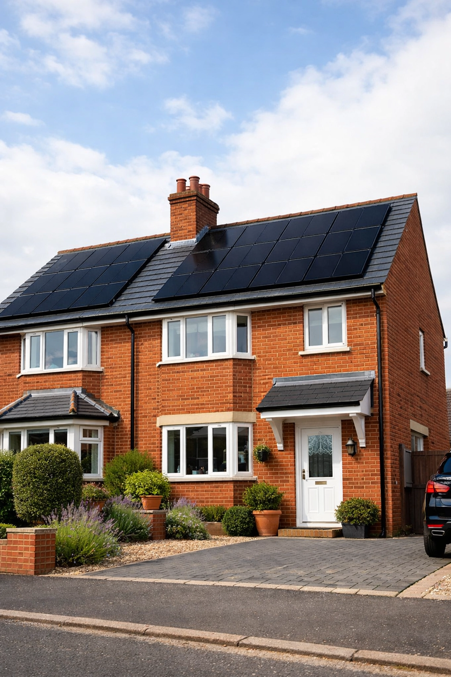 Professional solar PV installation on a red-brick British semi-detached house in Salisbury.